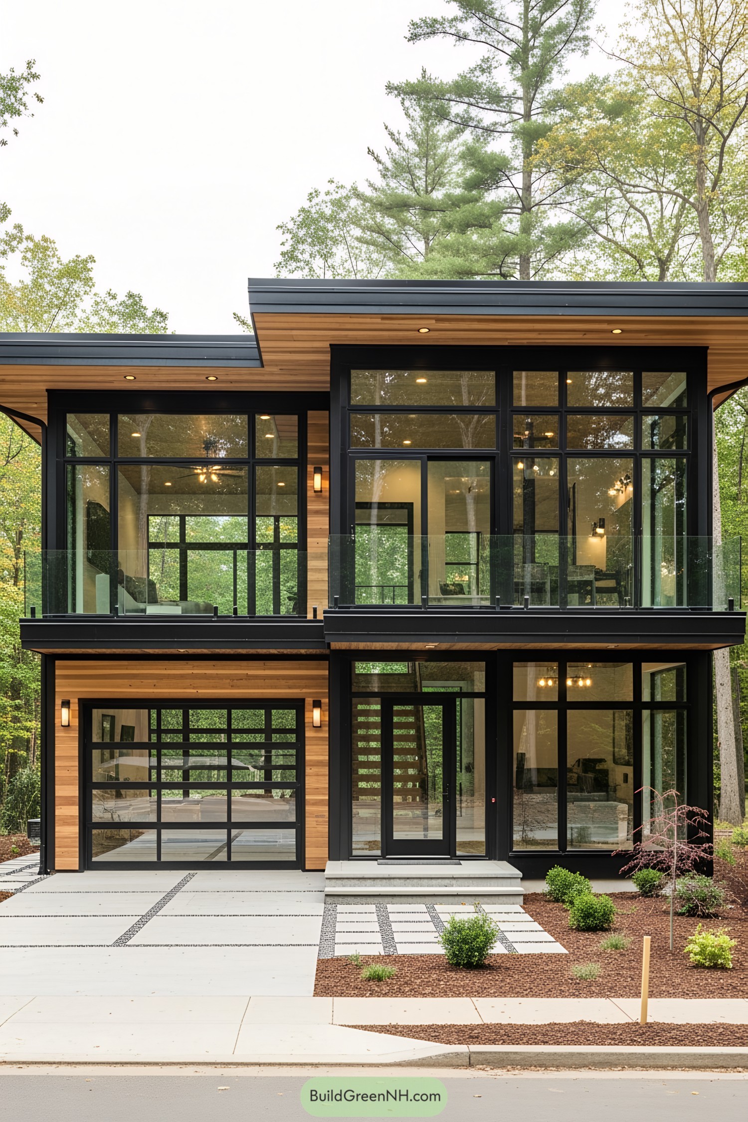 Modern industrial house with large glass windows surrounded by trees