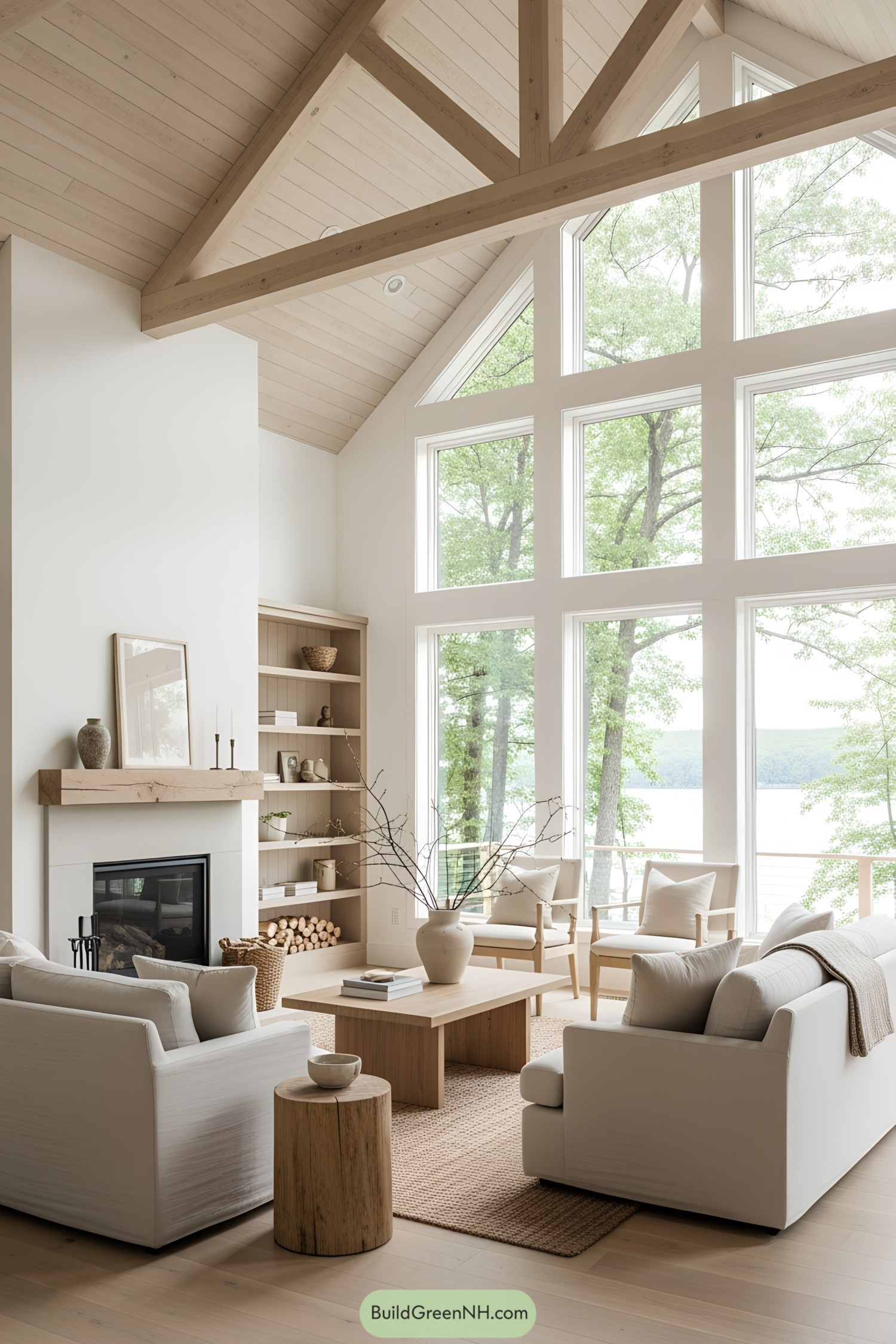 Stylish living room with large windows and cozy seating