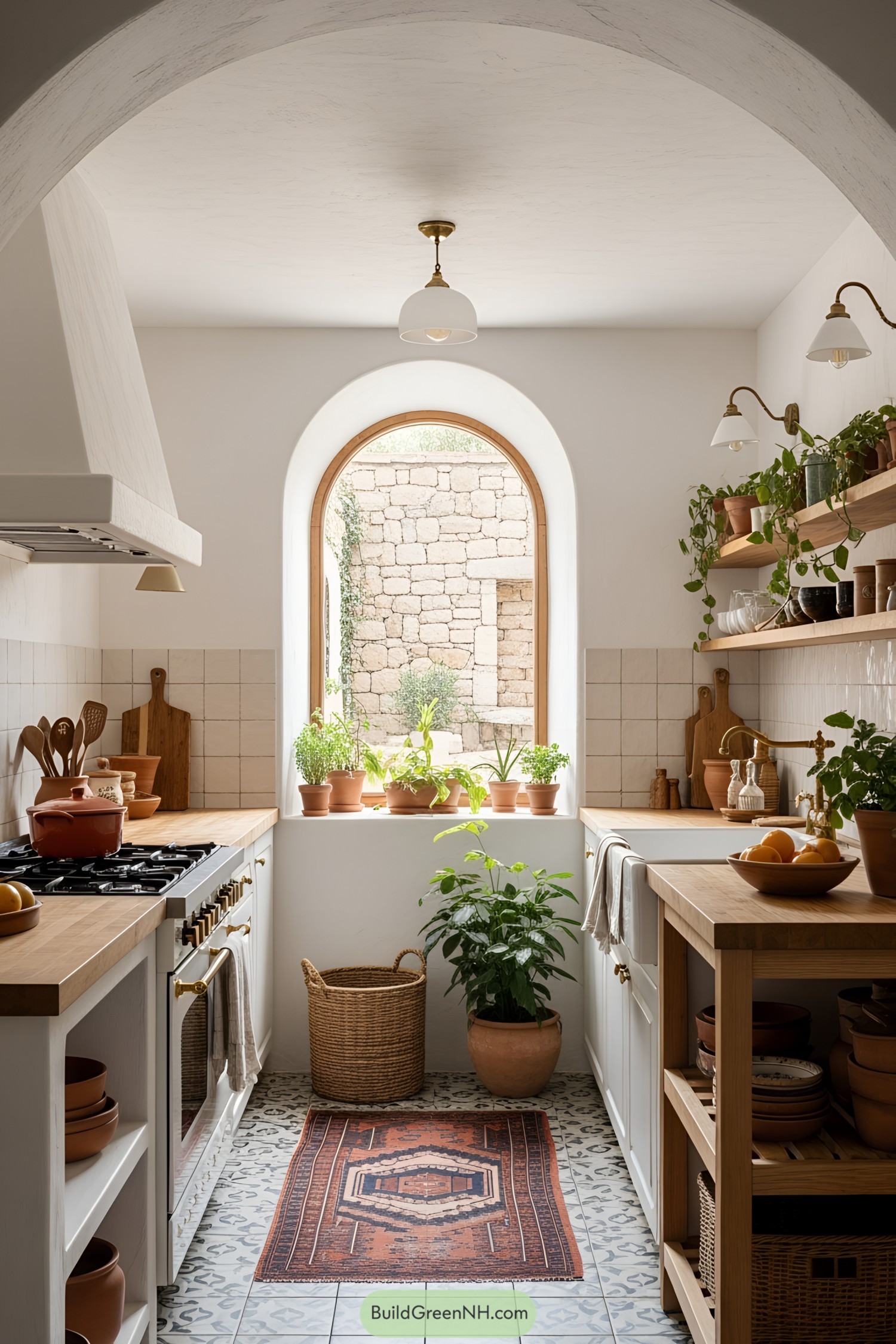 Spanish-style kitchen with wooden shelves and potted plants