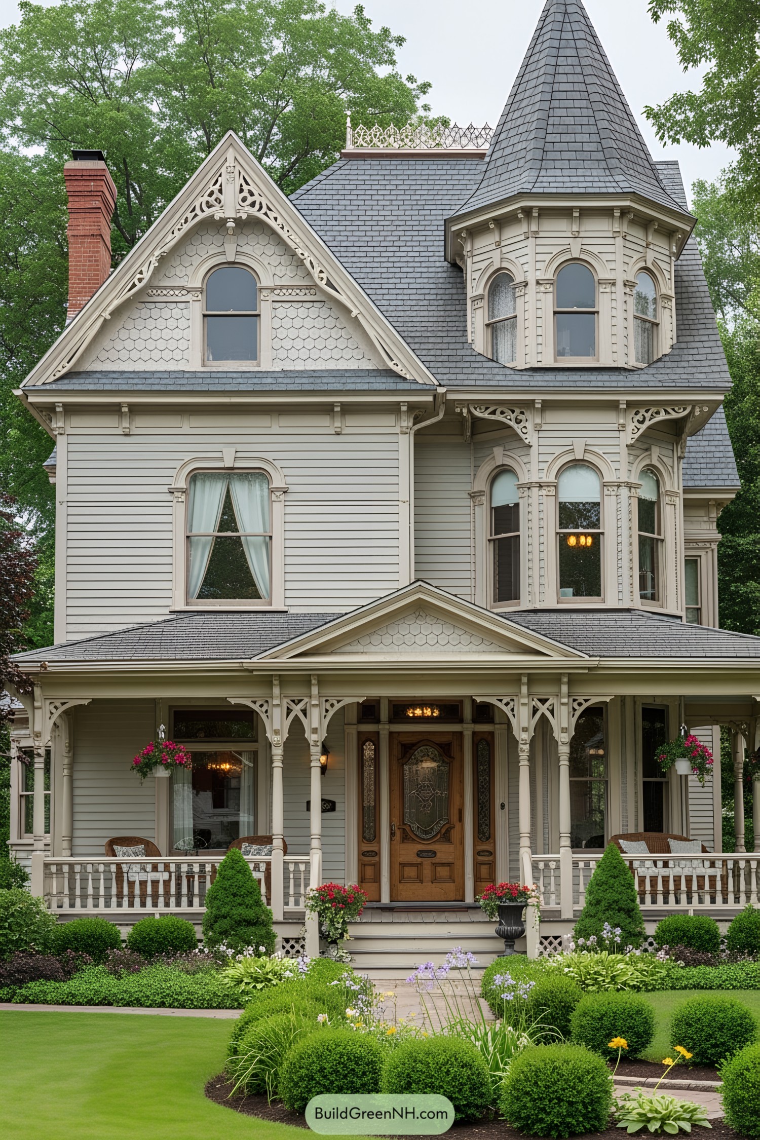 Victorian house with turret, ornate trim, and wraparound porch