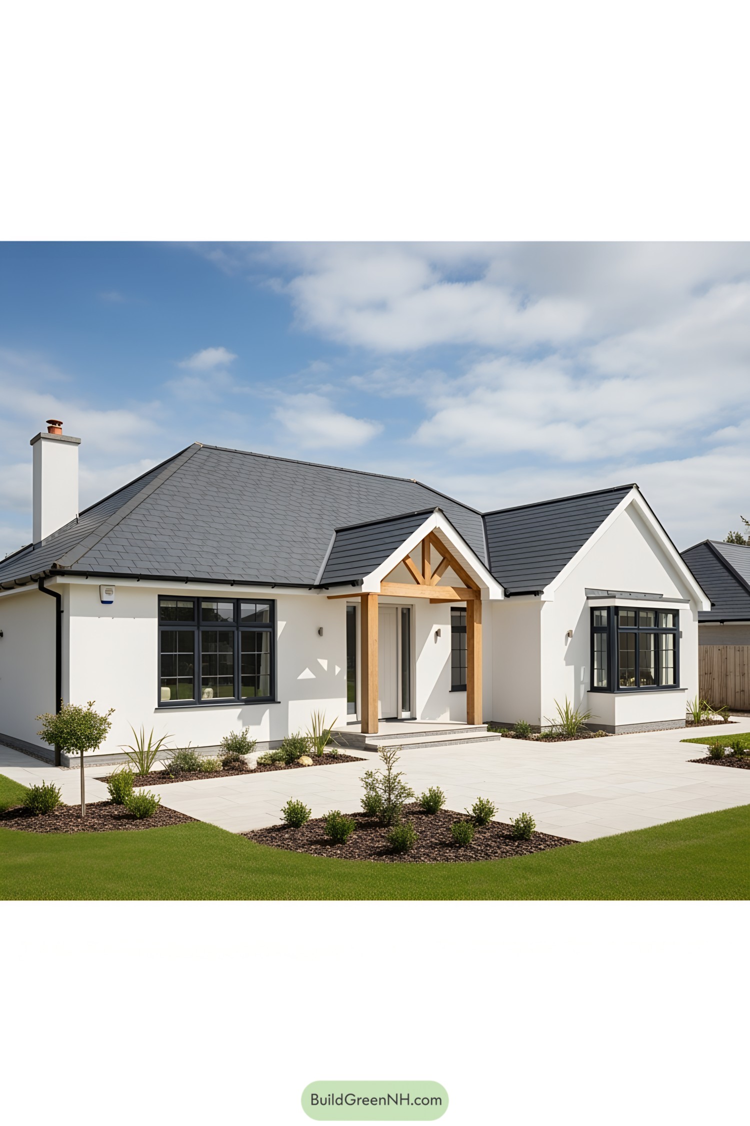 Modern white bungalow under a blue sky