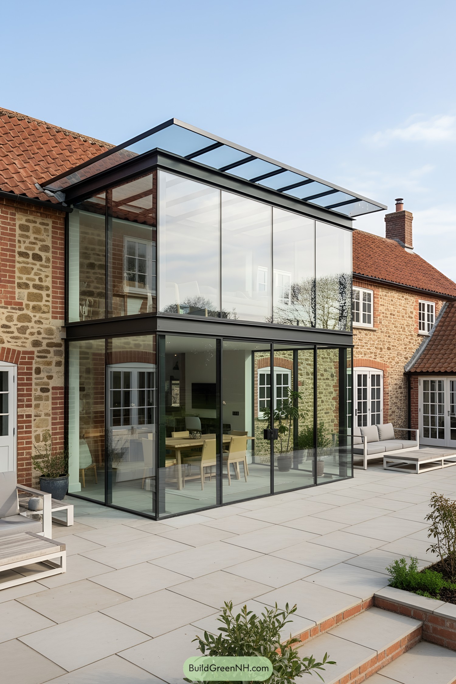 Contemporary glass terrace blending with classic brickwork