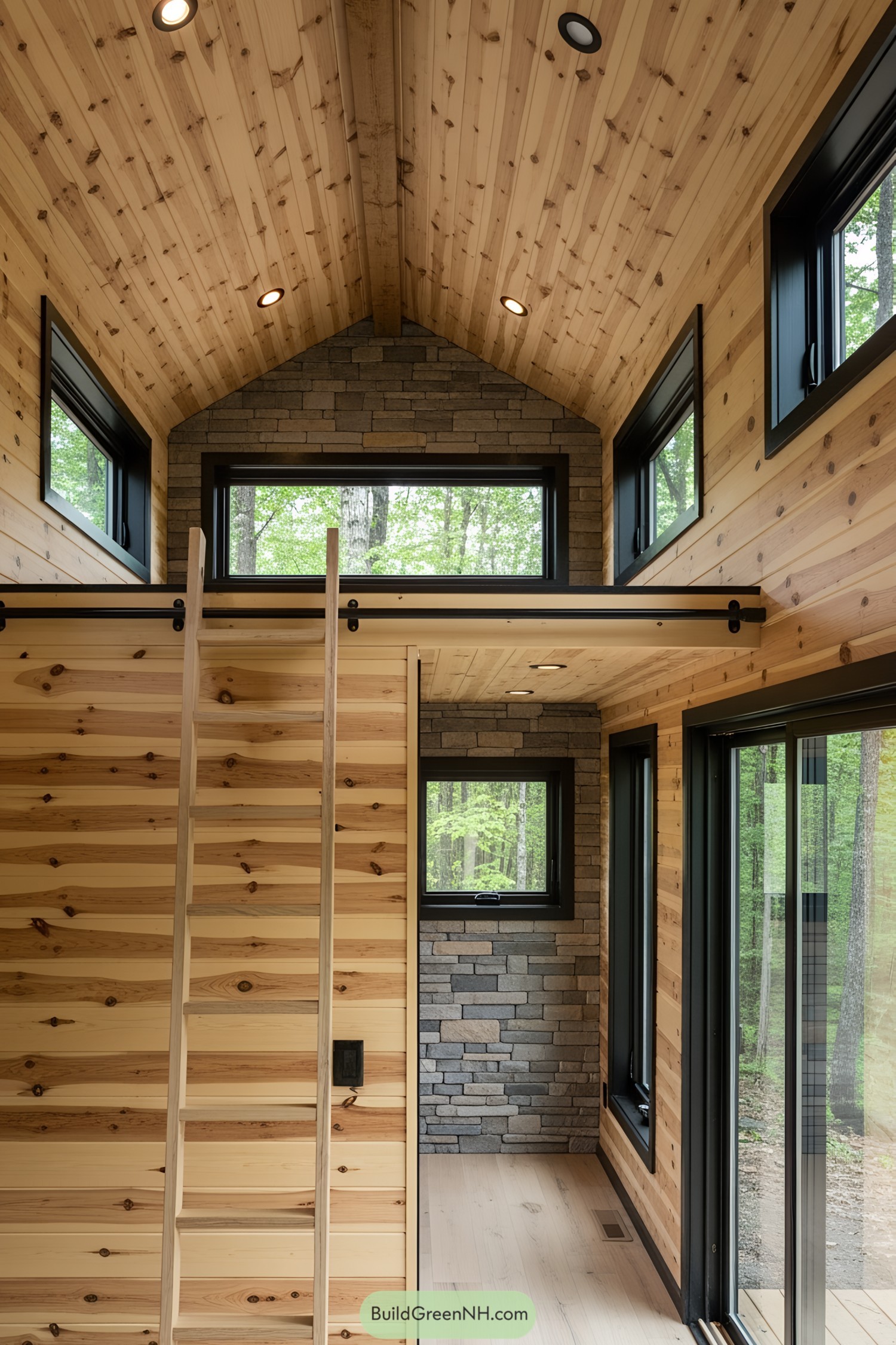 Interior of a lofted tiny house with wood and stone details