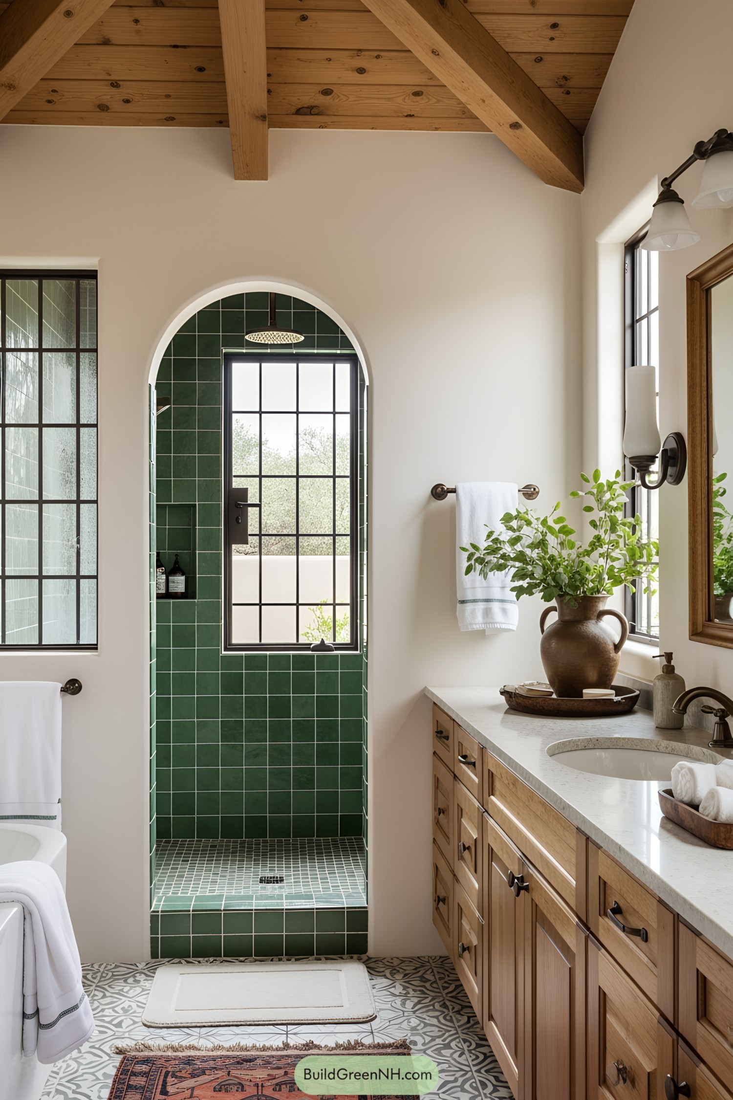 Rustic bathroom featuring green tiled shower and wooden ceiling