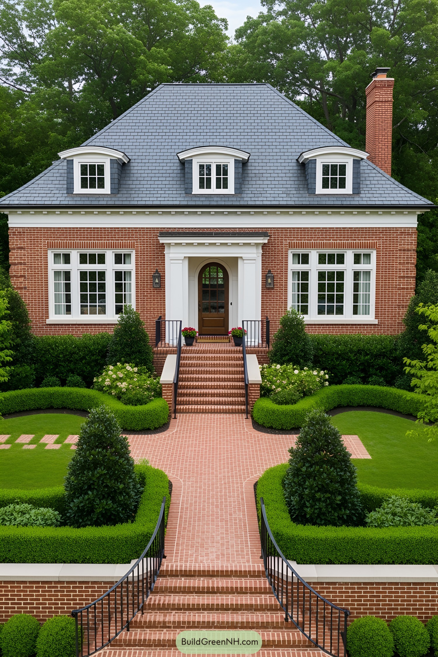 A brick bungalow with a symmetrical front yard and charming dormer windows