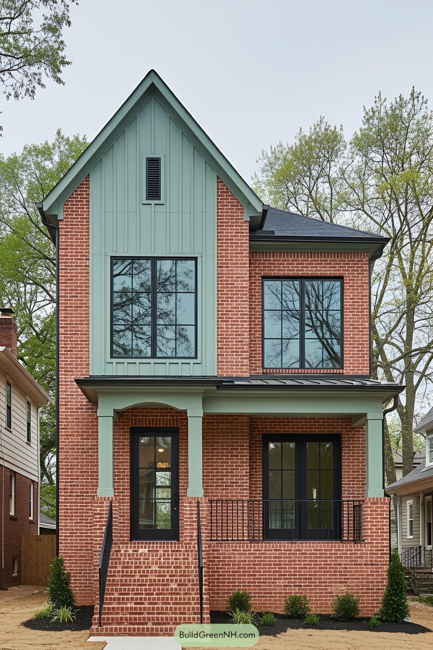 Two-story brick house with green accents