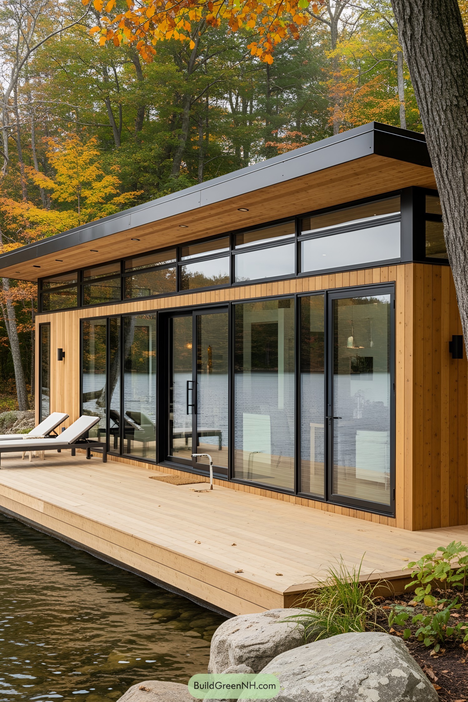 Lakefront cottage with large windows and wooden deck