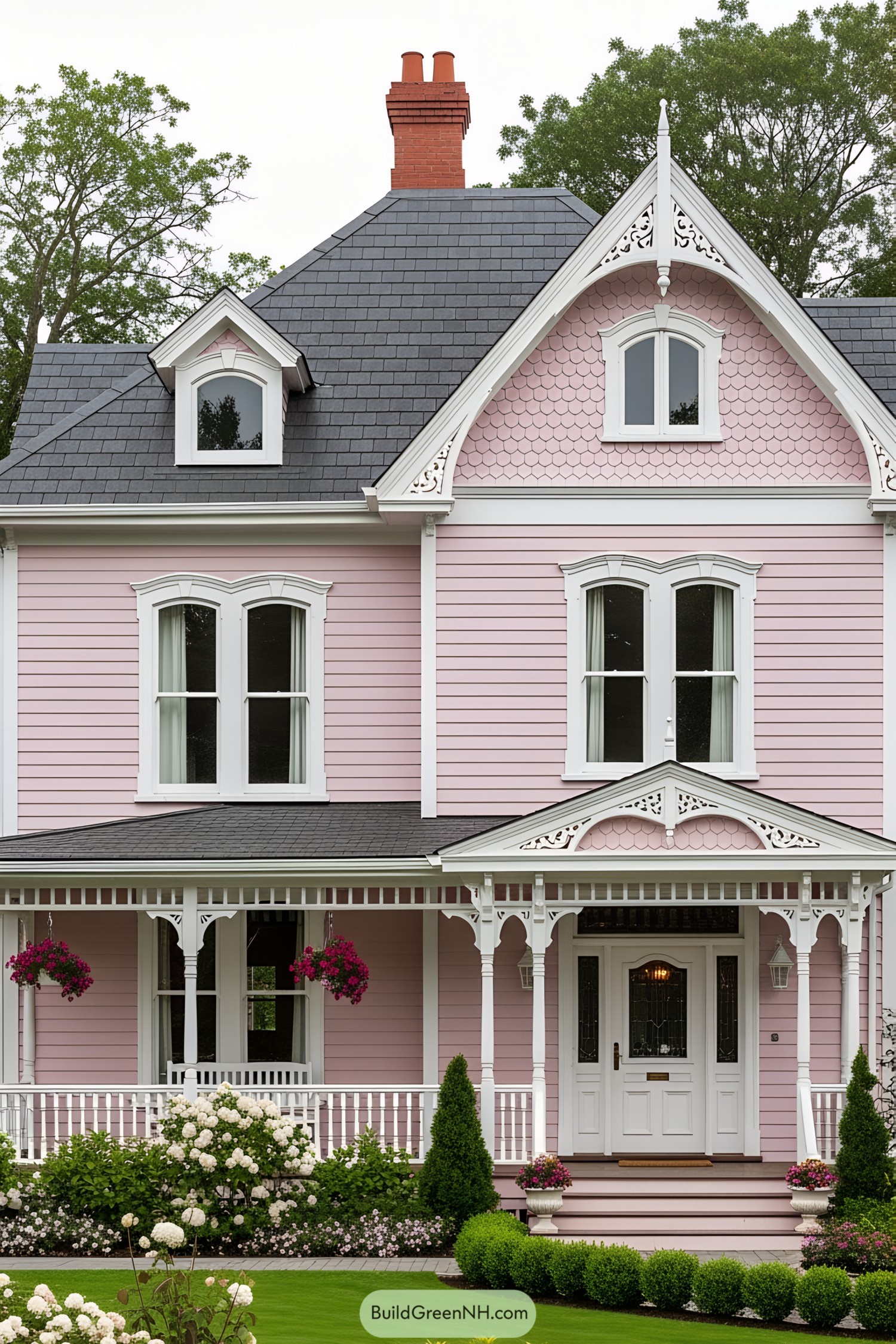 Large pink Victorian house with intricate white trim and a lush garden