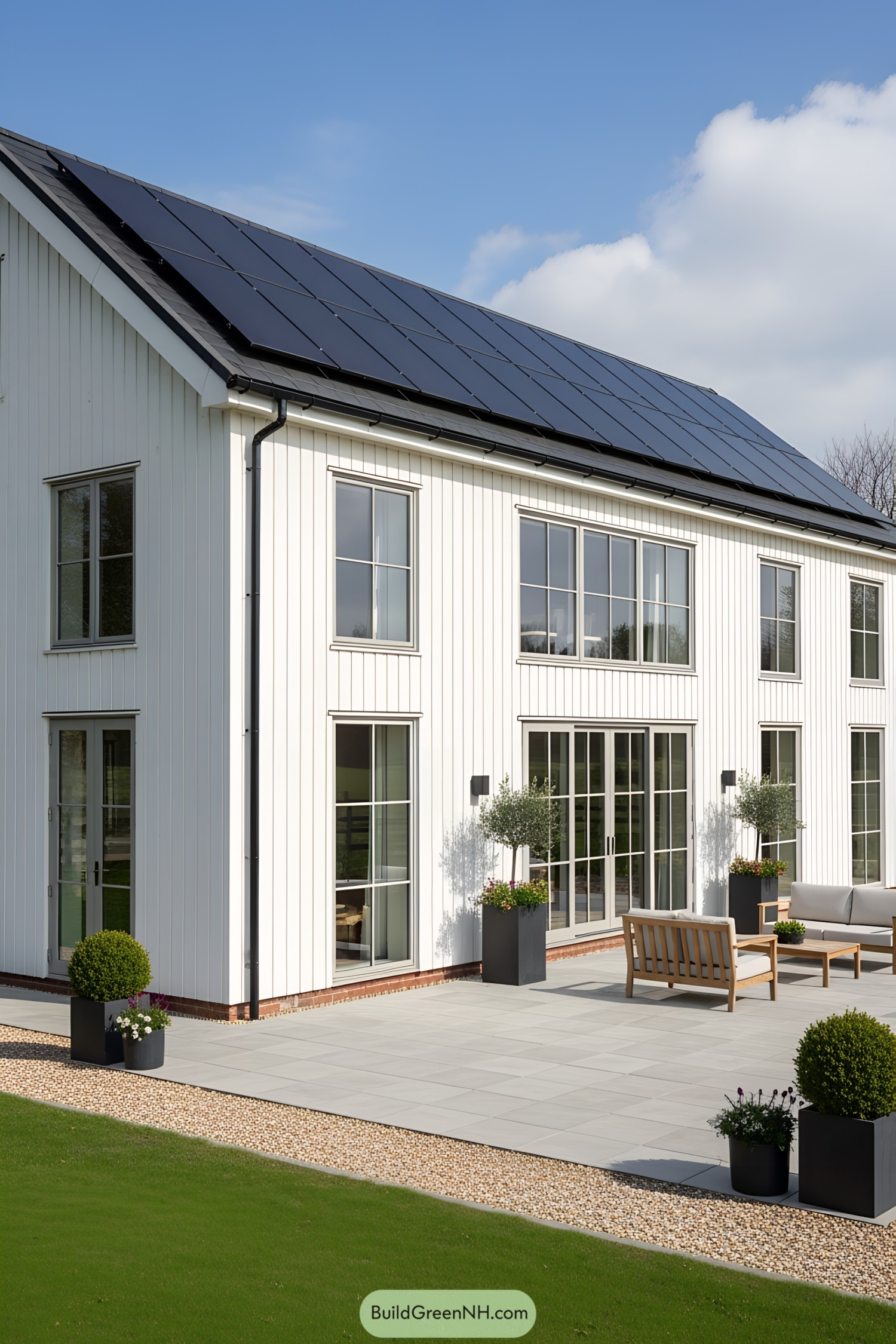 White barn with solar panels and a modern patio