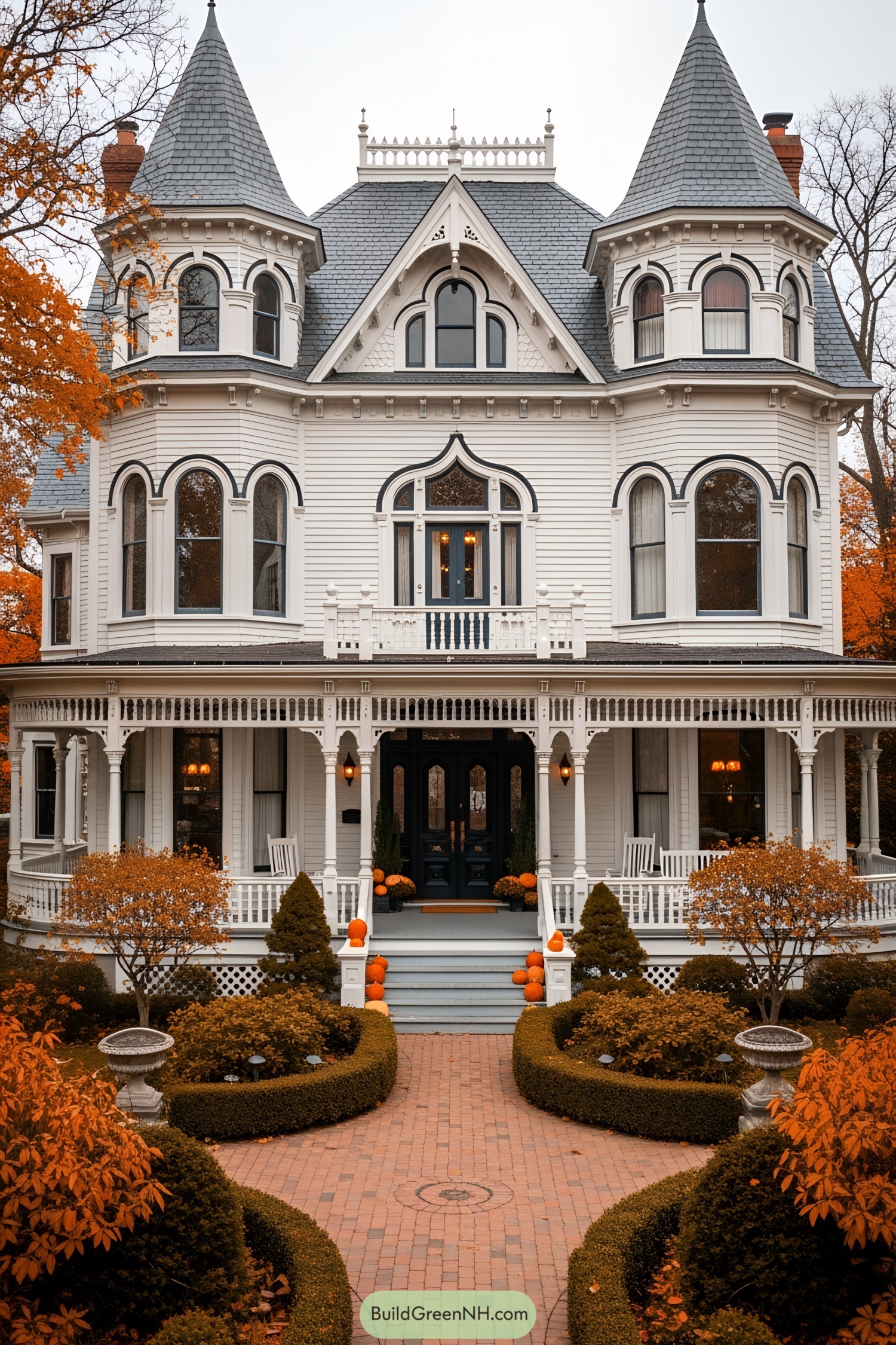 Gothic Victorian house with turrets and autumn colors