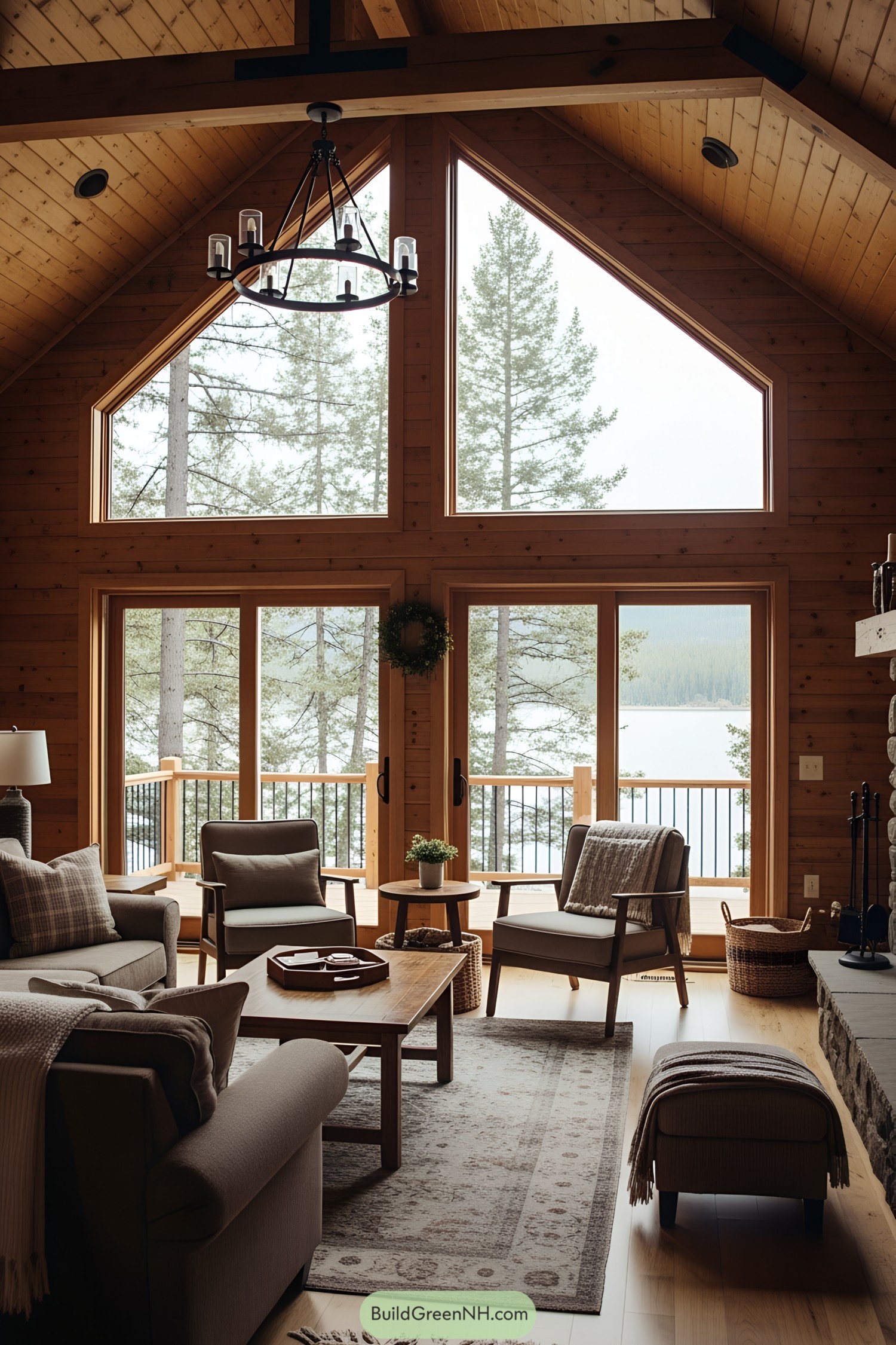 Cozy wood-paneled living room with large windows