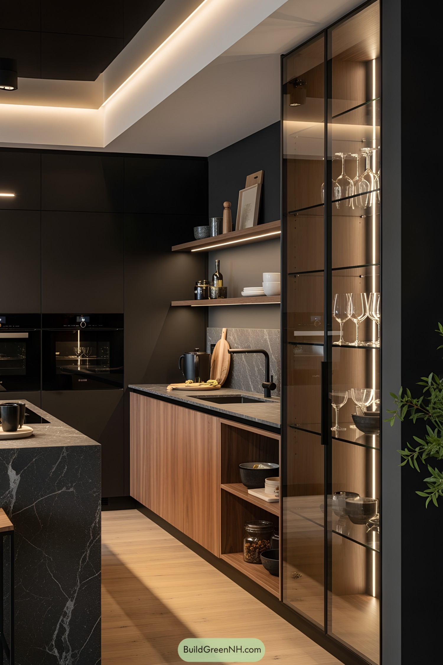 Elegant modern kitchen with black and wooden elements