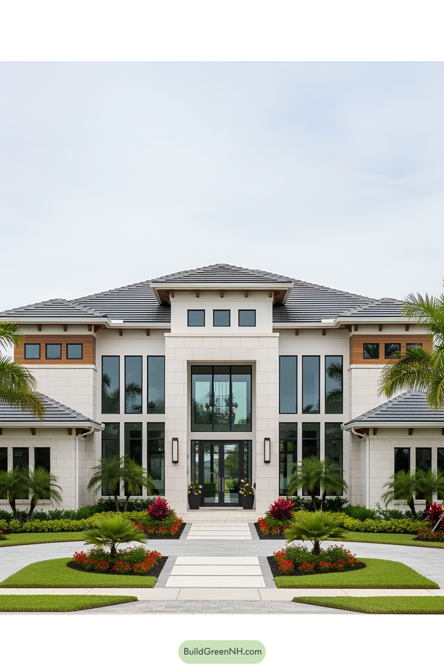 Modern house with large windows and manicured garden