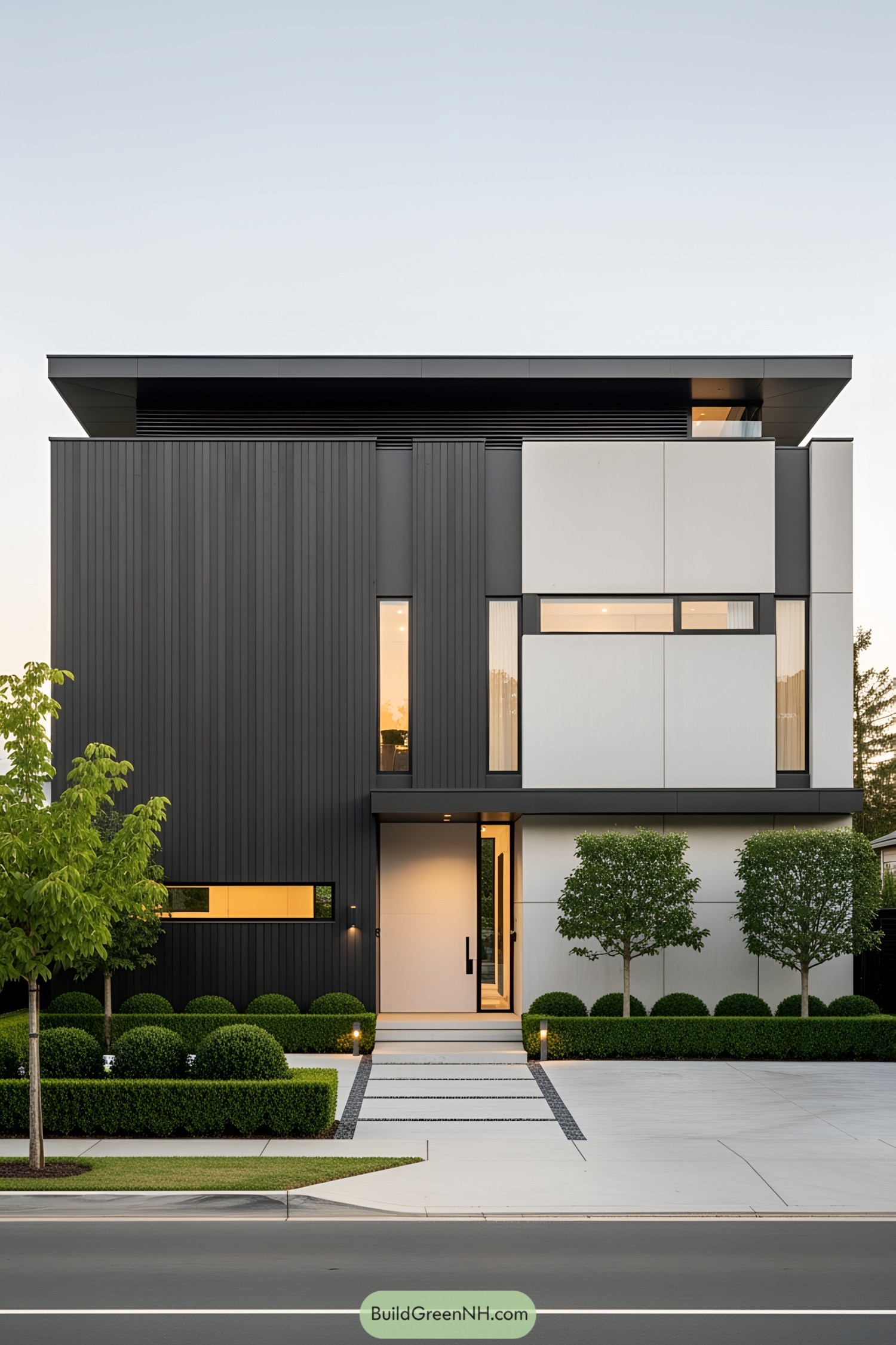 Sleek modern villa with geometric design and lush landscaping