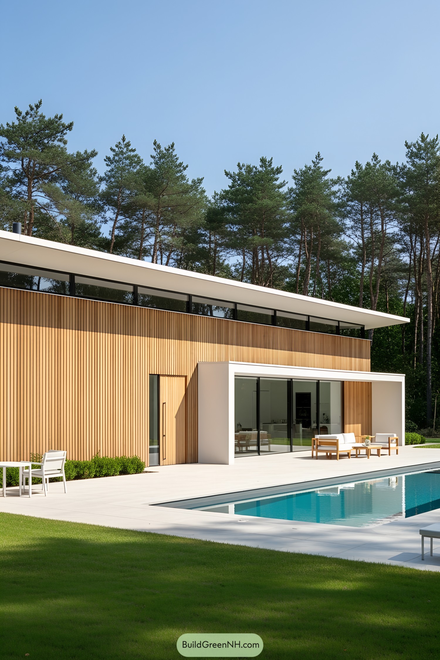 Modern wooden pool house with large glass windows and outdoor seating