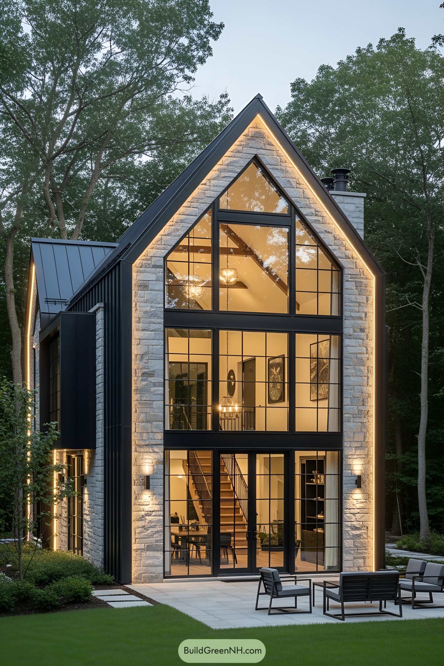Modern rustic home with large windows and stone facade