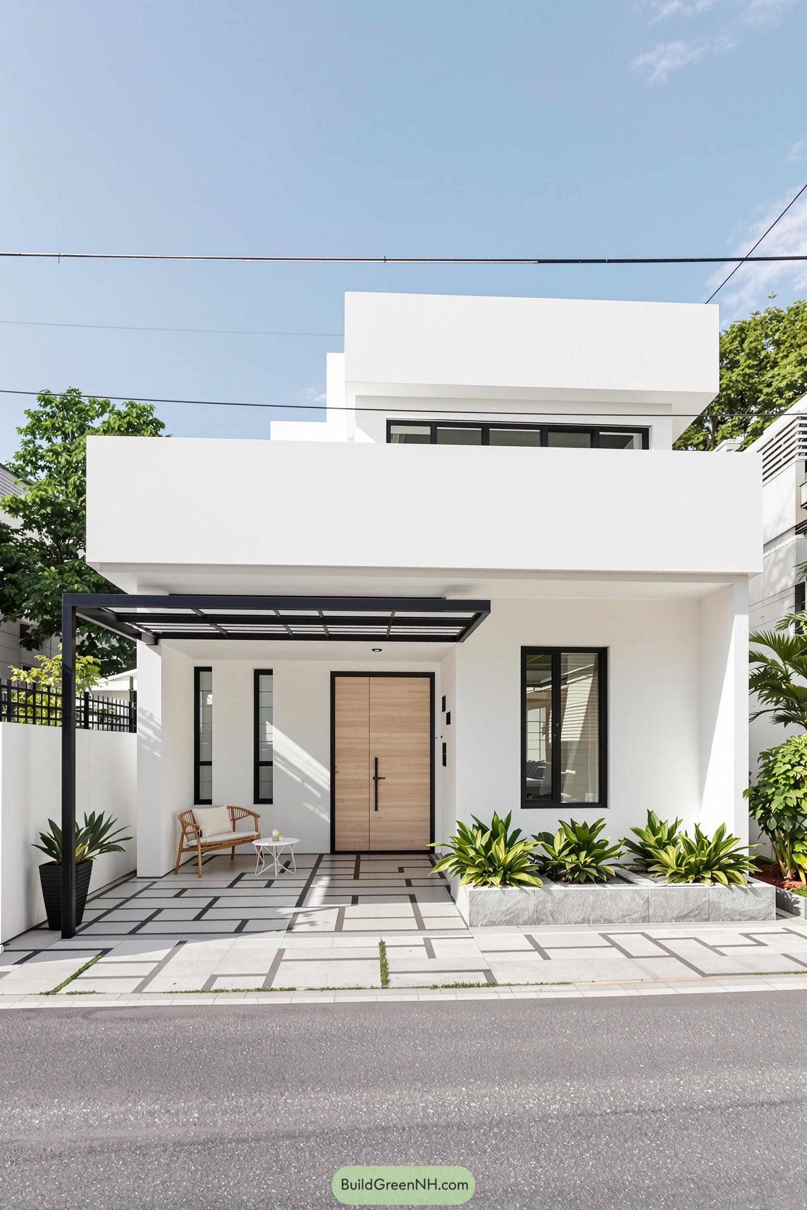White modern minimalist bungalow with geometric lines and greenery