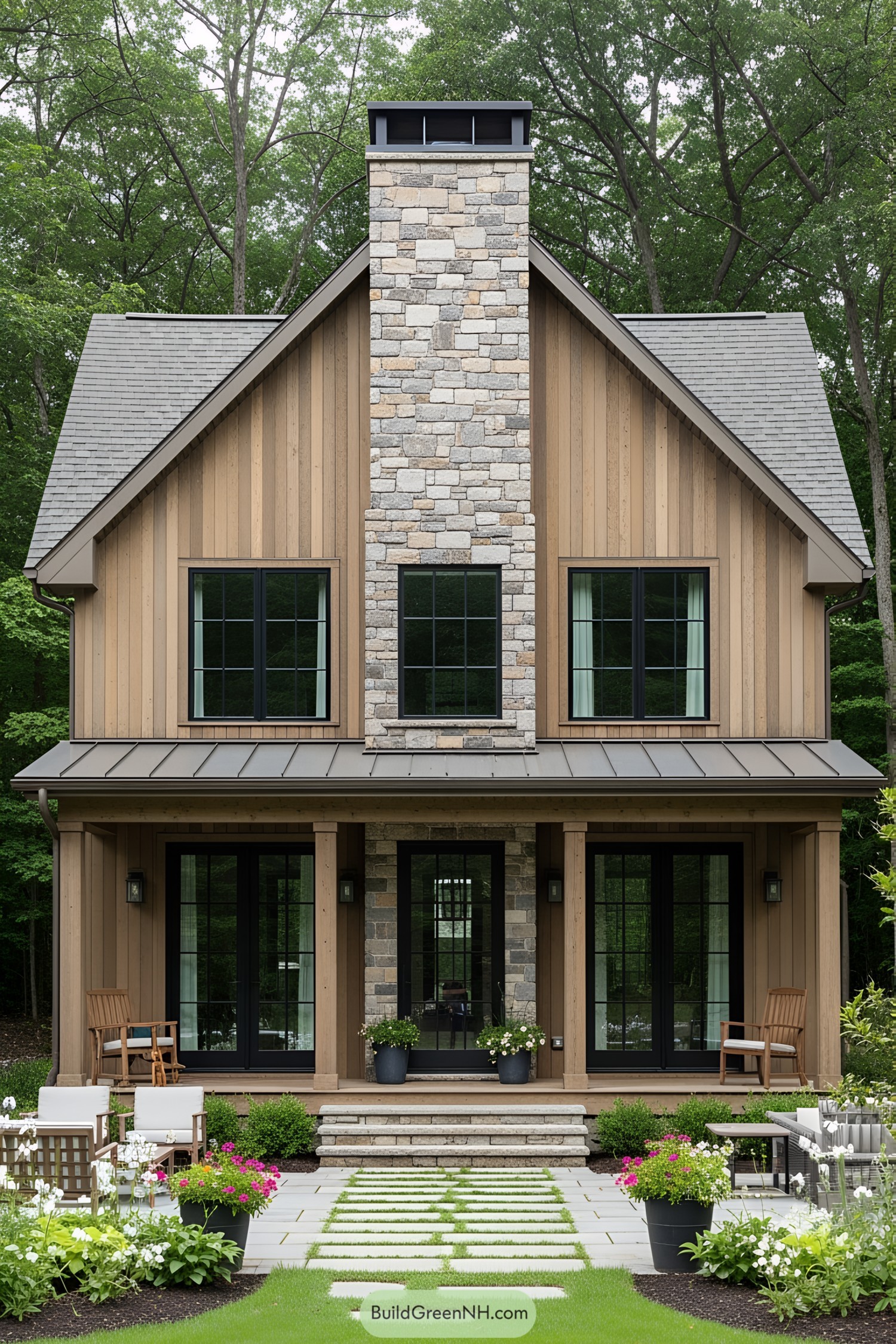 Rustic house with stone chimney and lush garden