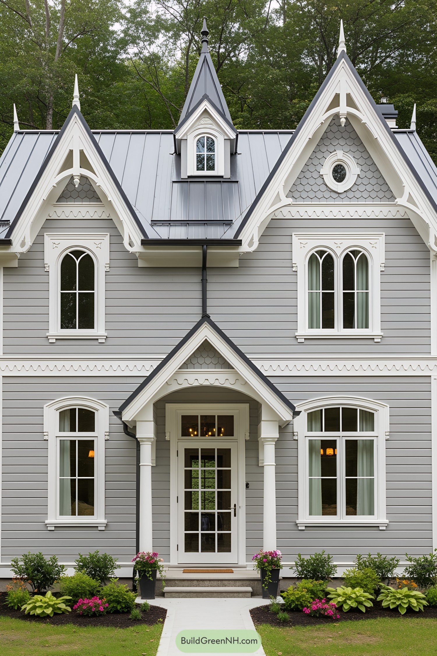 Gray Victorian cottage with white trim and lush greenery