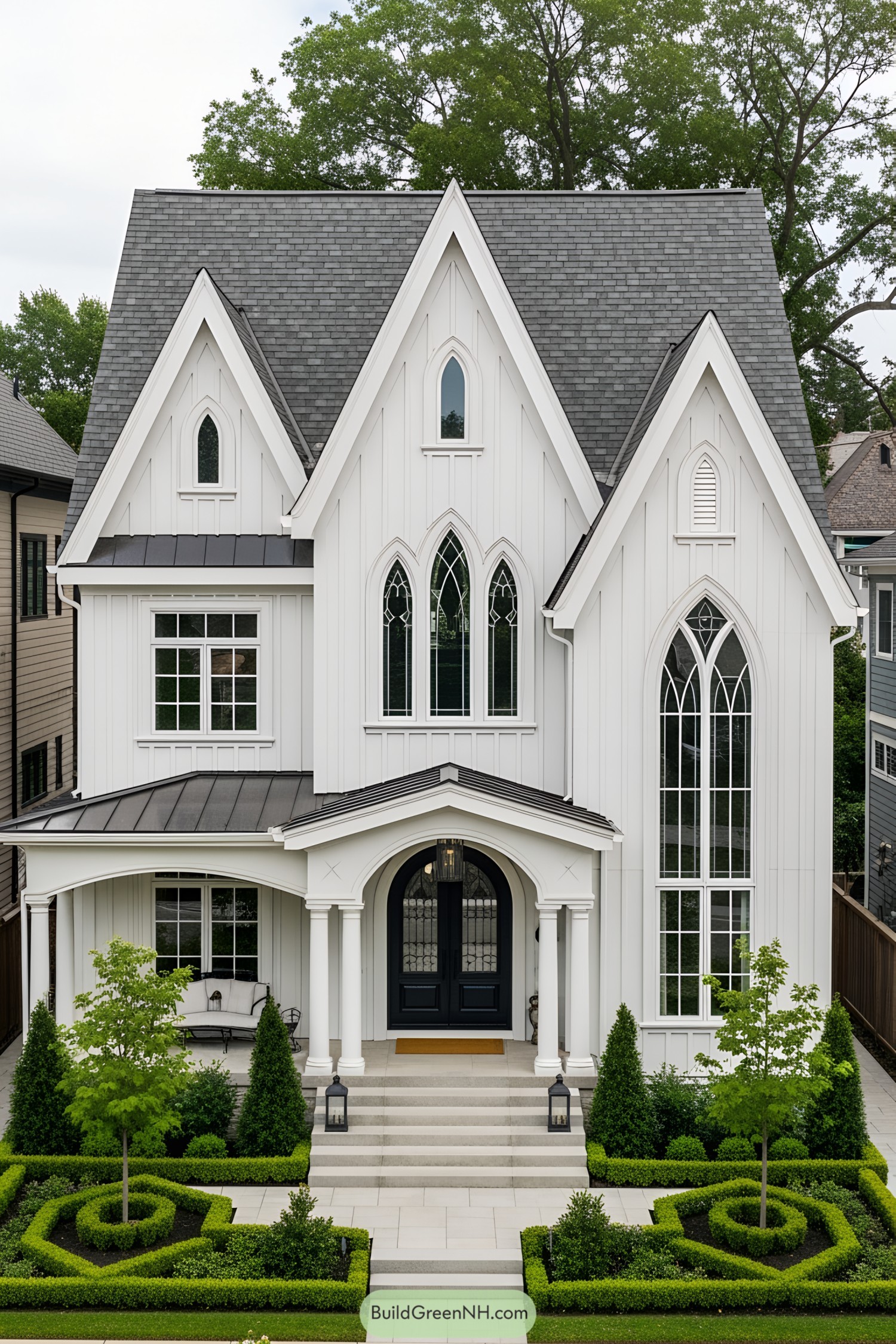 Elegant Victorian home with pointed arches and manicured garden