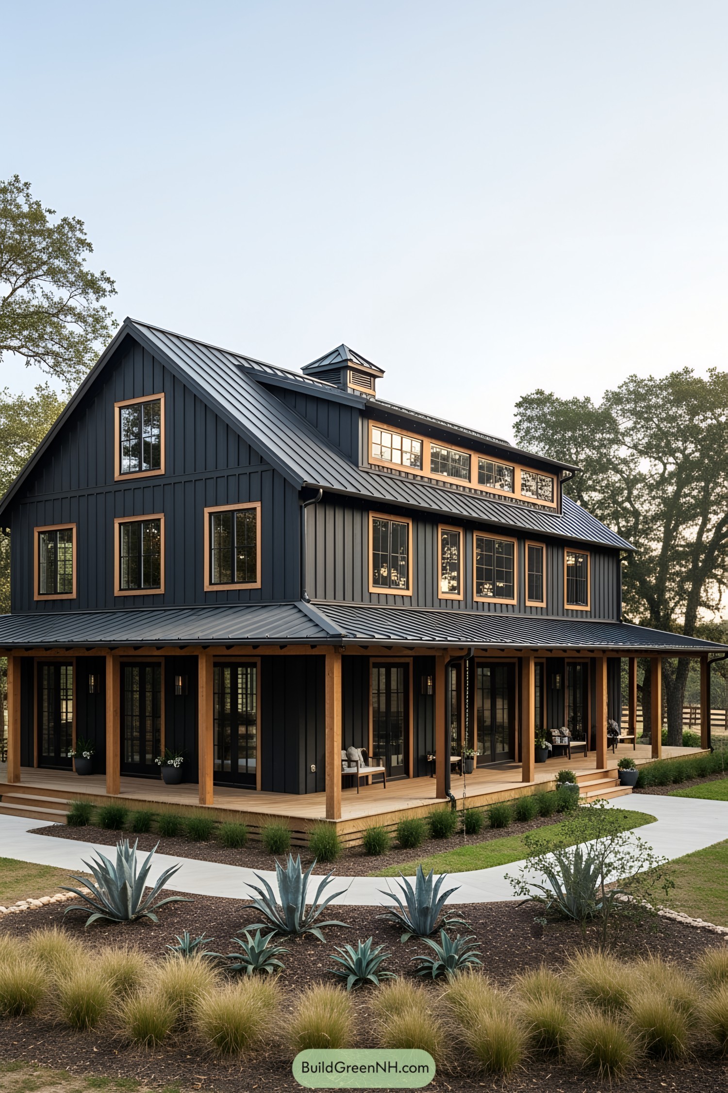 Sleek black barn house with wooden accents and a surrounding garden
