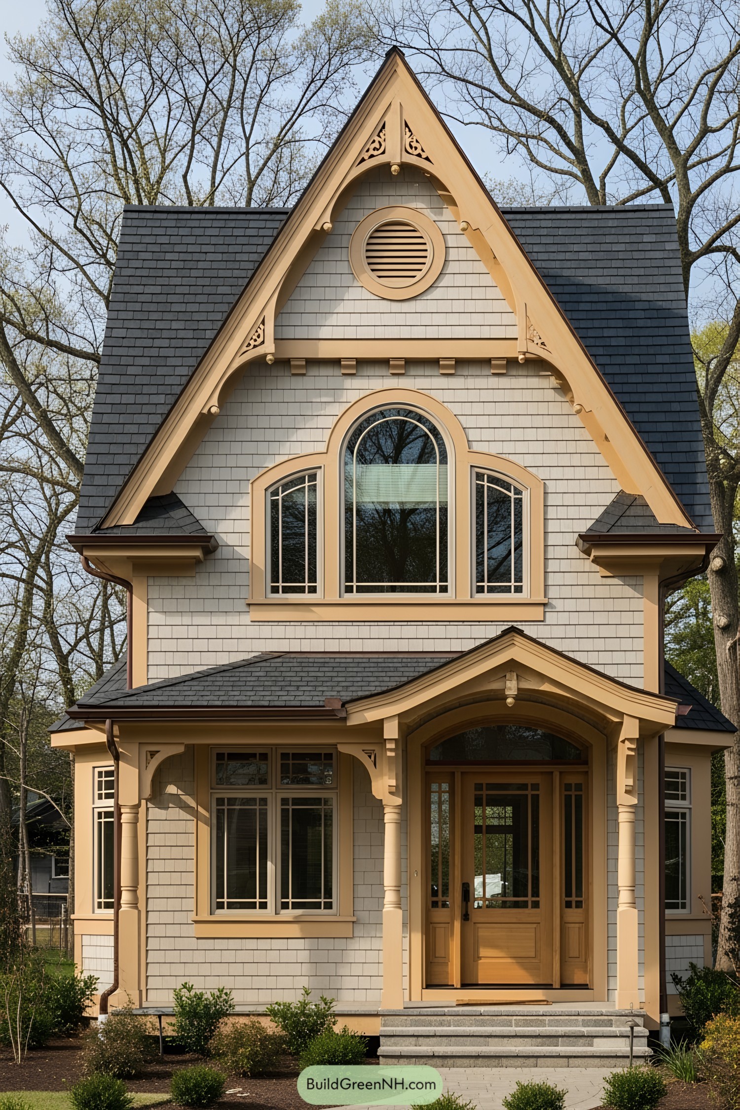 Small Victorian home with tall gabled roof and decorative trim