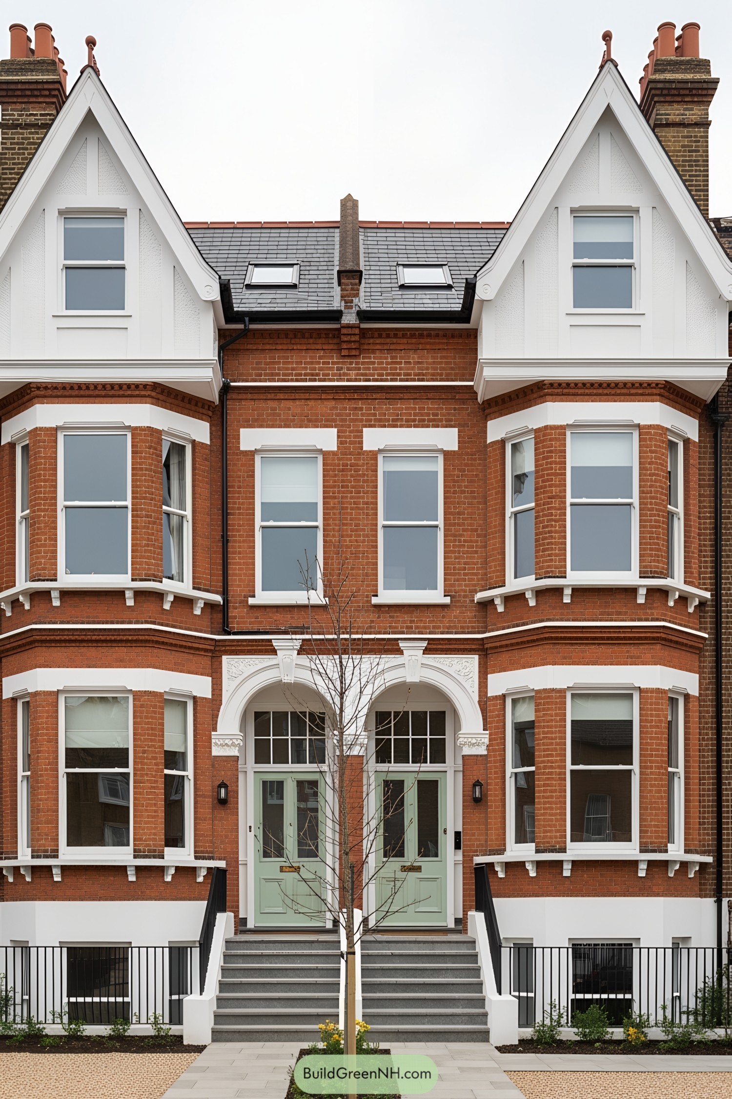 Red brick terrace house with bay windows and green doors