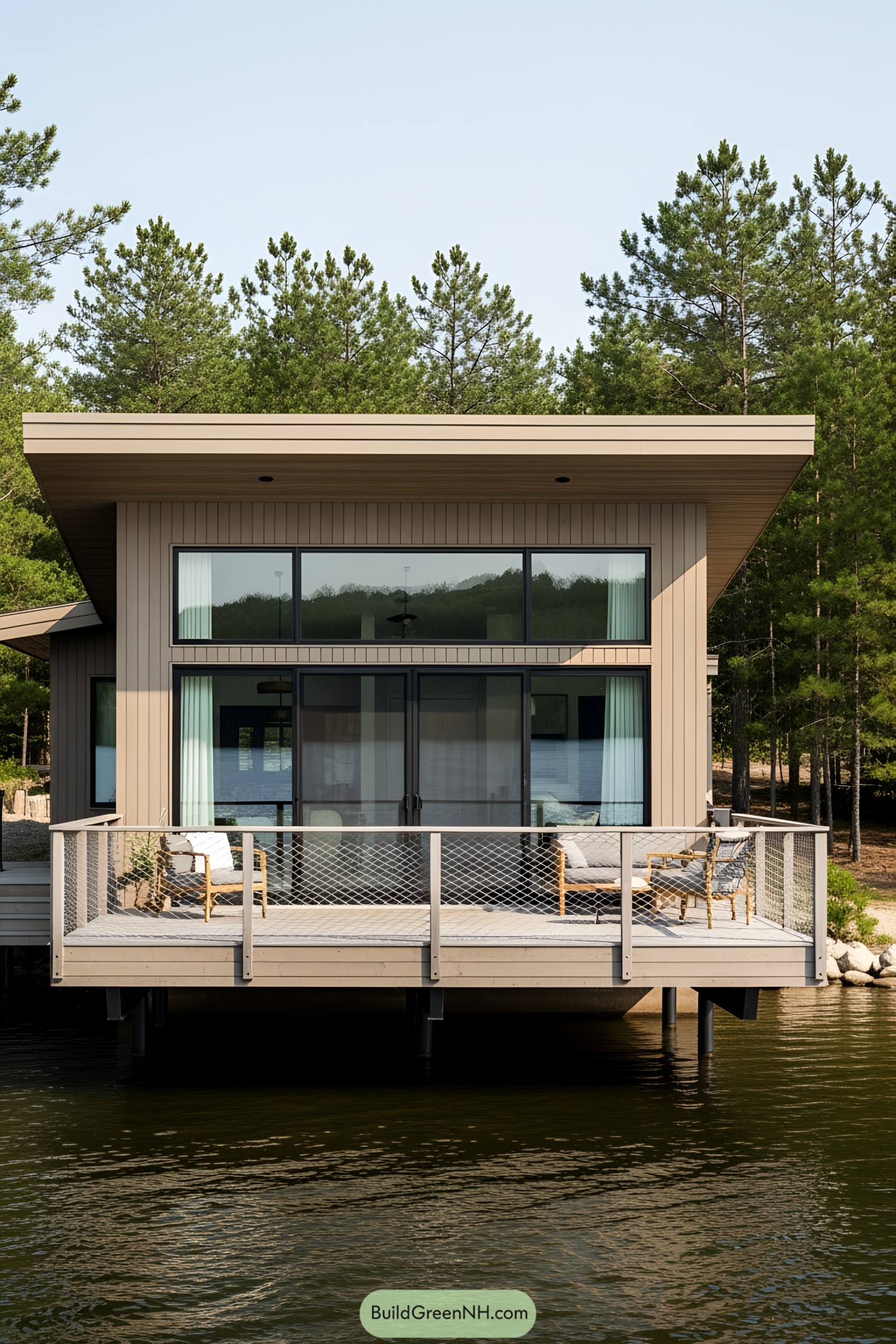 Floating cottage with floor-to-ceiling windows and a sleek deck