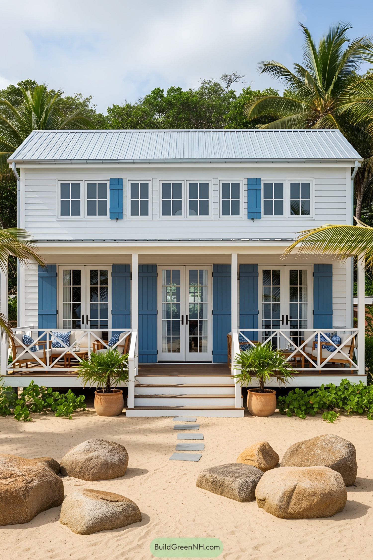 Charming rustic beach house with blue shutters and palm trees