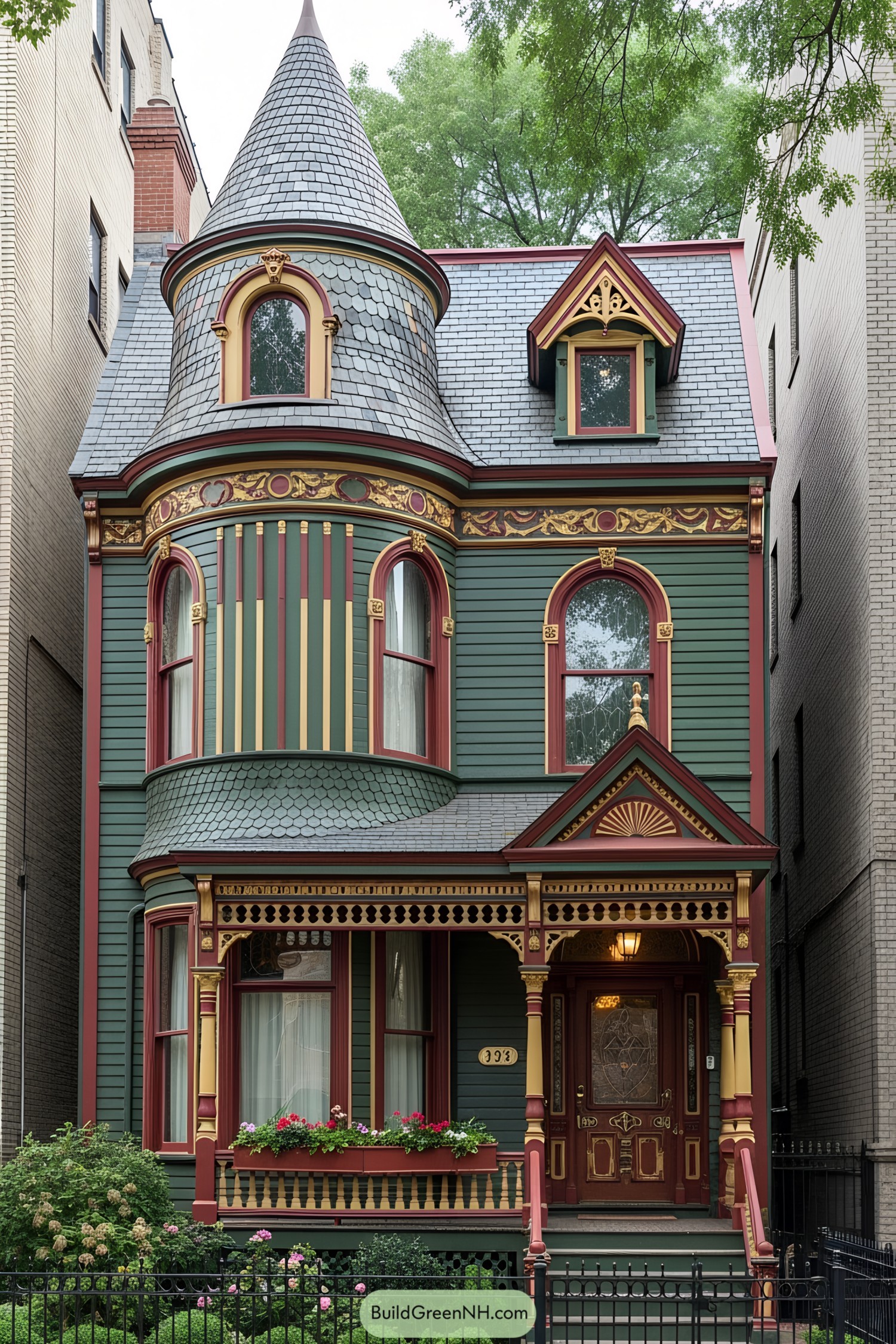 Colorful Gothic Victorian house with a turret