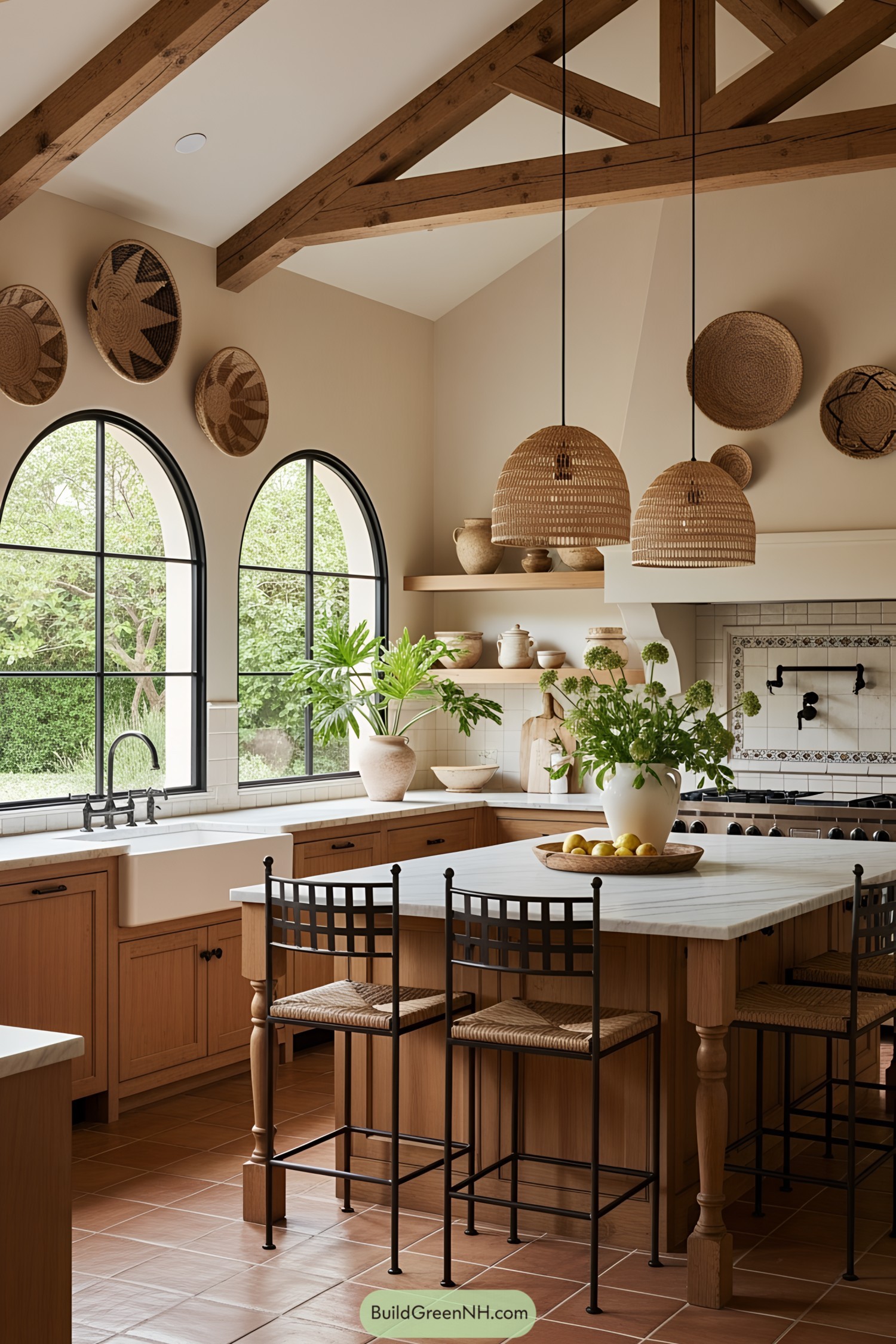 Rustic kitchen with arched windows and wooden beams