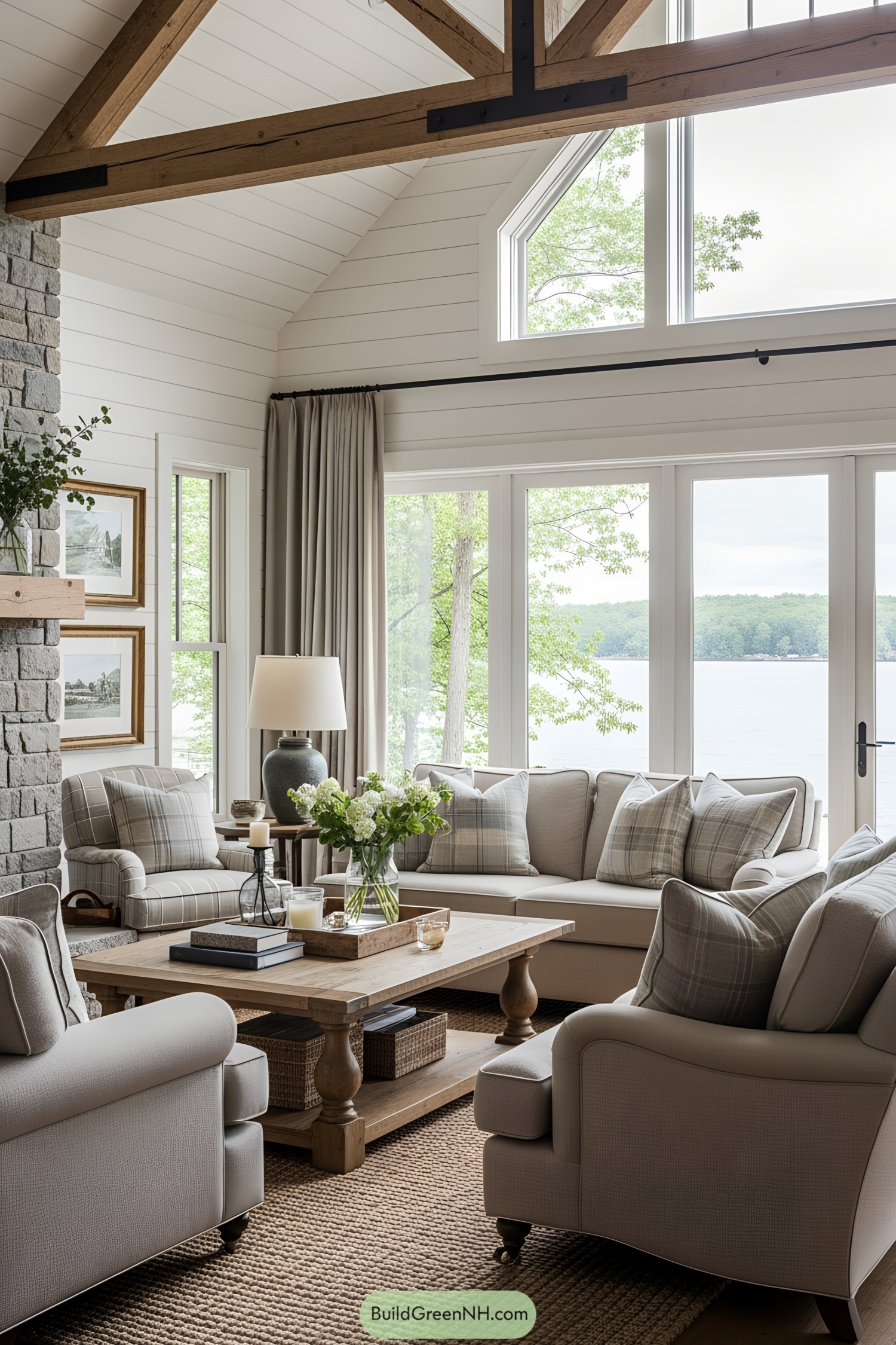 Lake house interior with large windows and cozy seating area