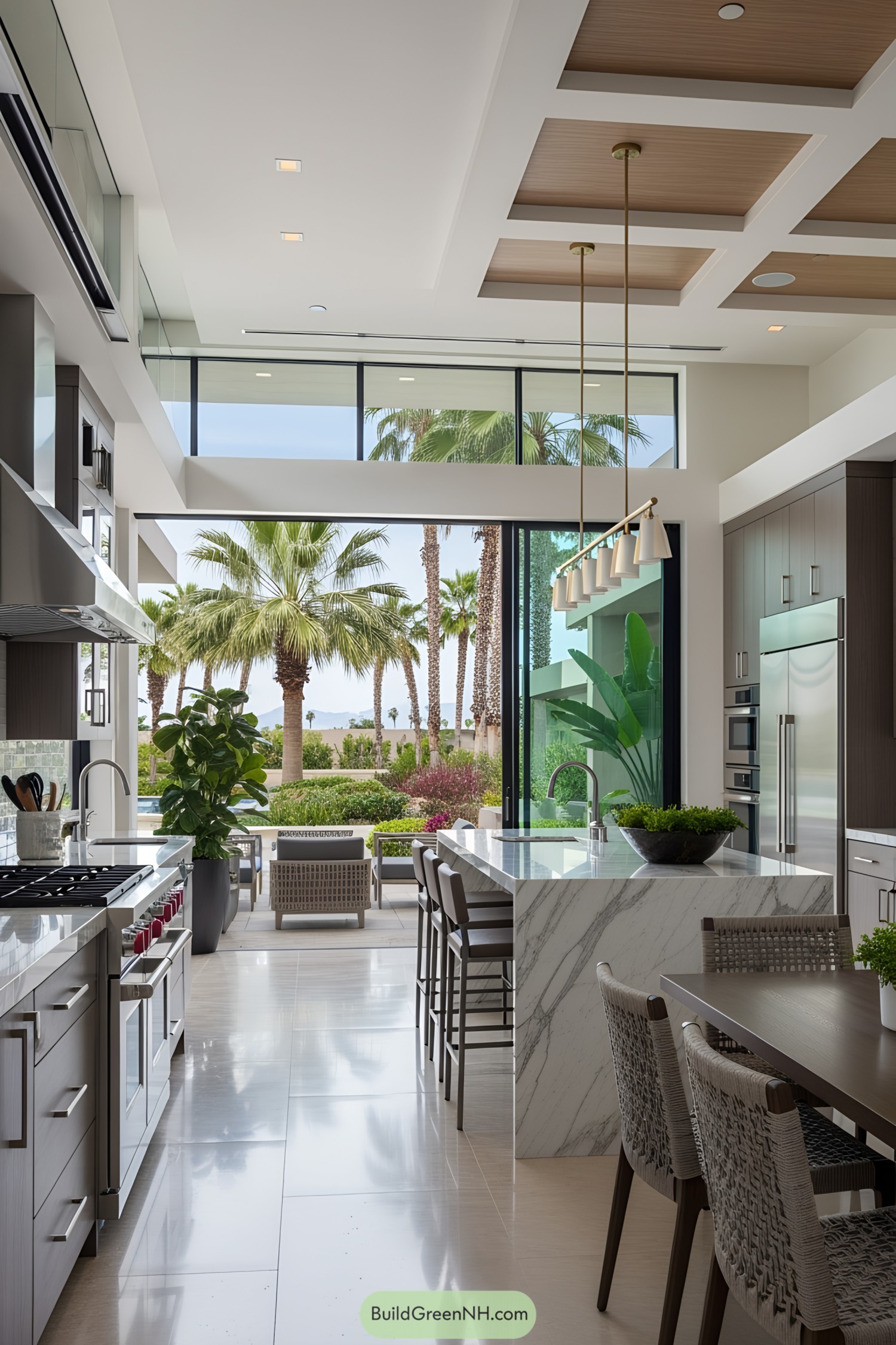 Luxurious kitchen opening to a tropical view