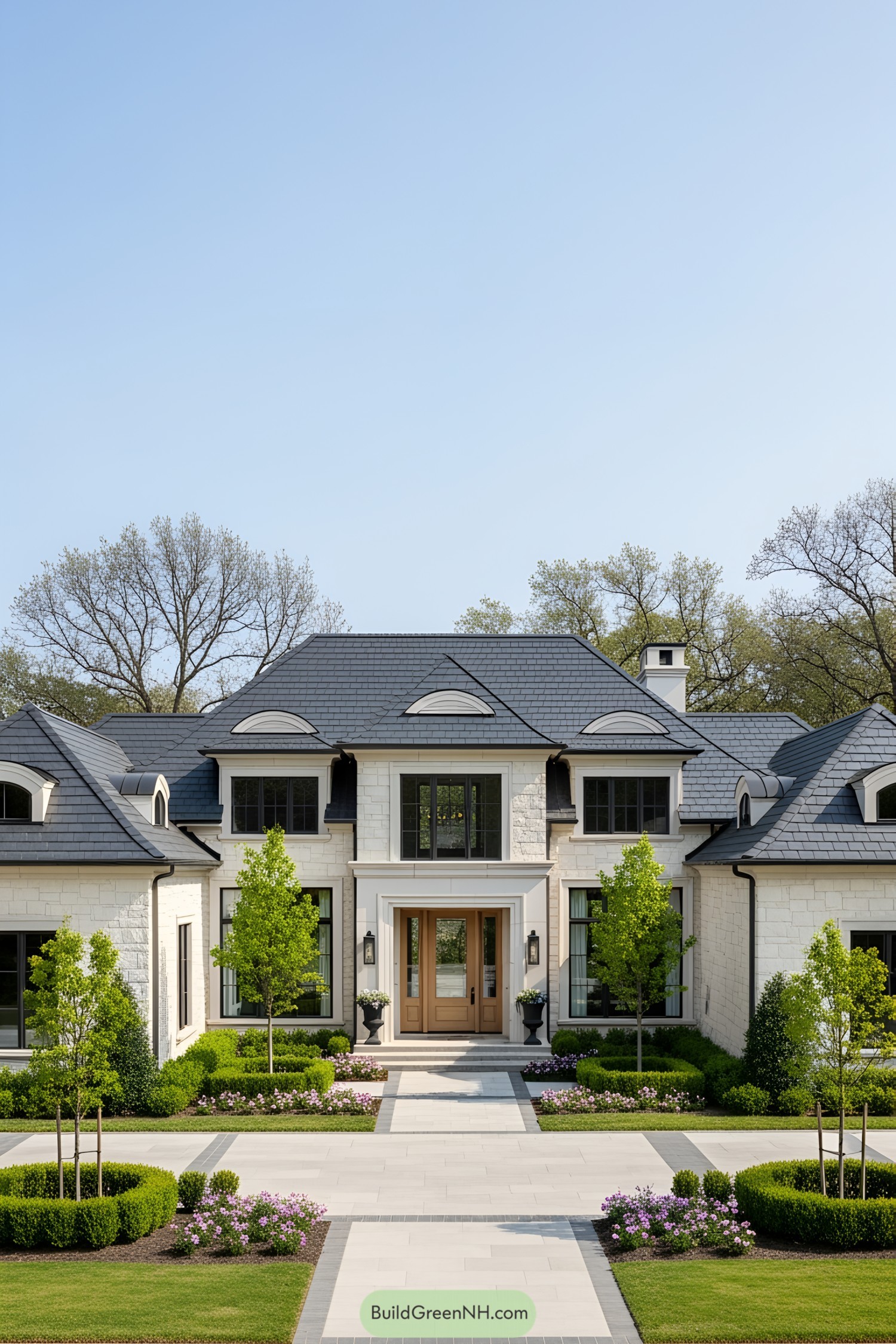 Luxurious house with symmetric design and lush landscaping