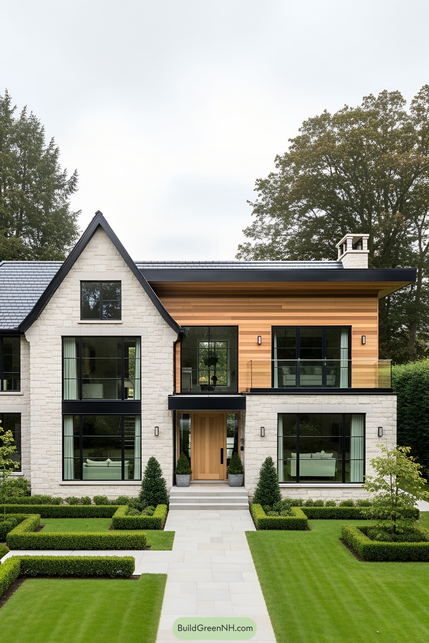 Elegant modern rustic house with stone and wood elements