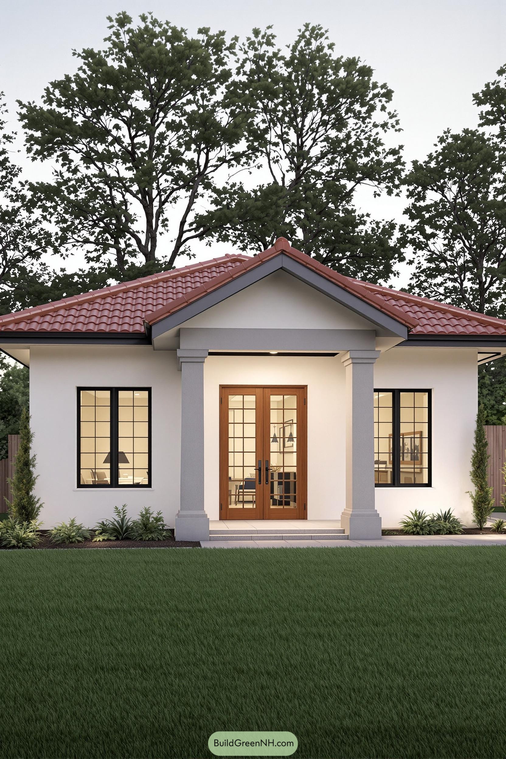 Minimalist bungalow with a red tiled roof and white walls