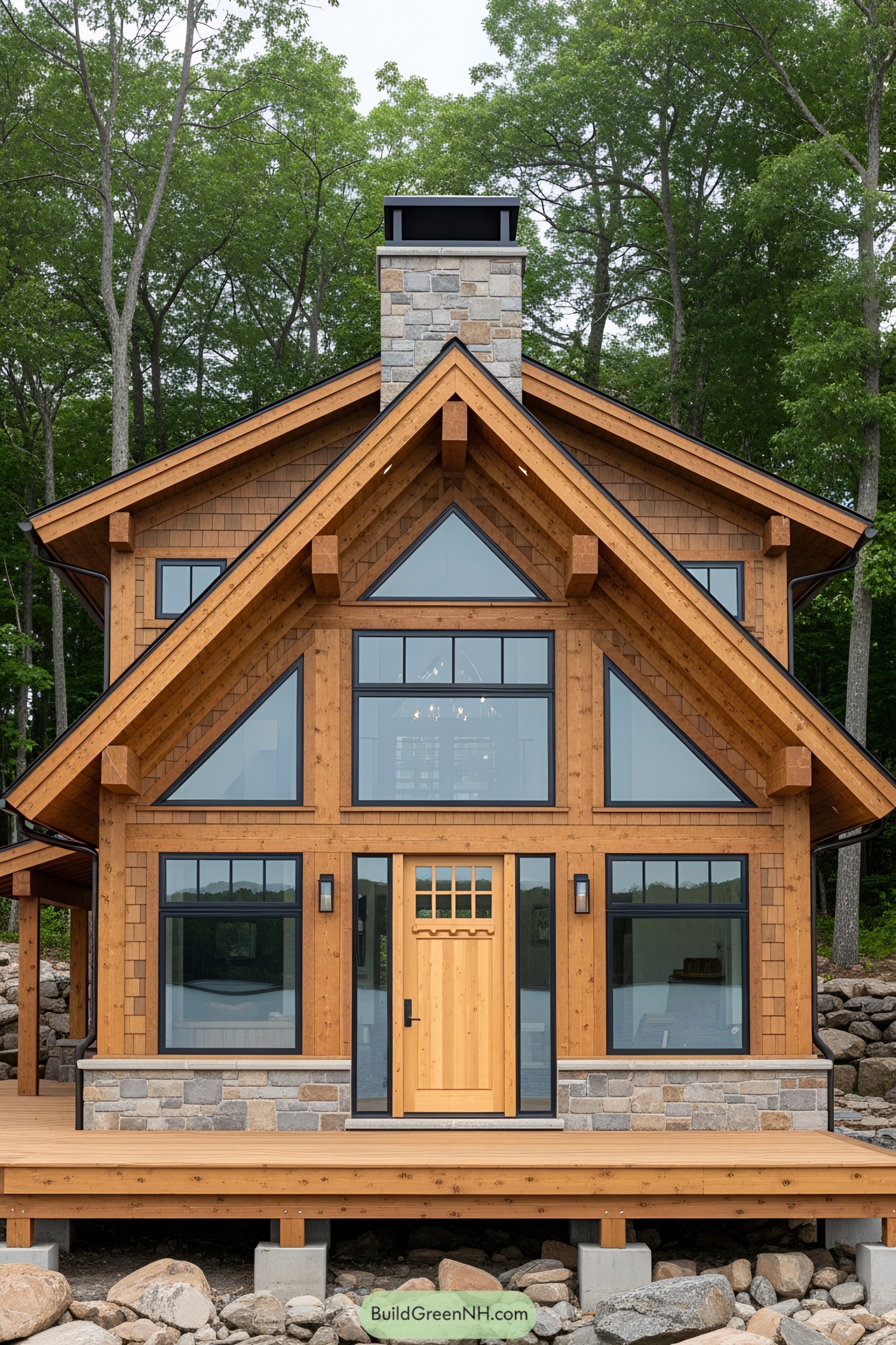 A-frame house with large windows and stone chimney