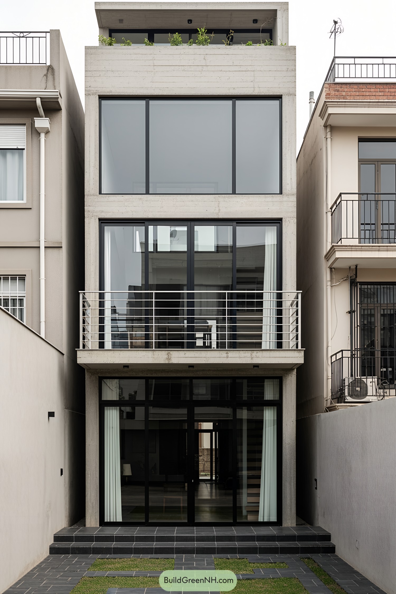 Tall concrete house with large glass windows in between two traditional homes