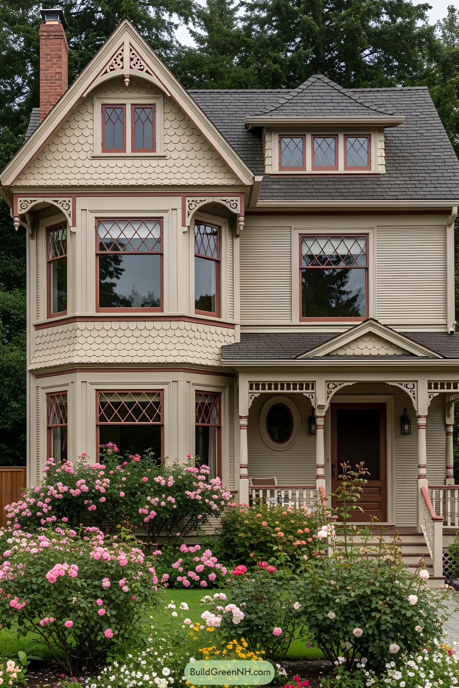 Victorian house with detailed gables and blooming garden