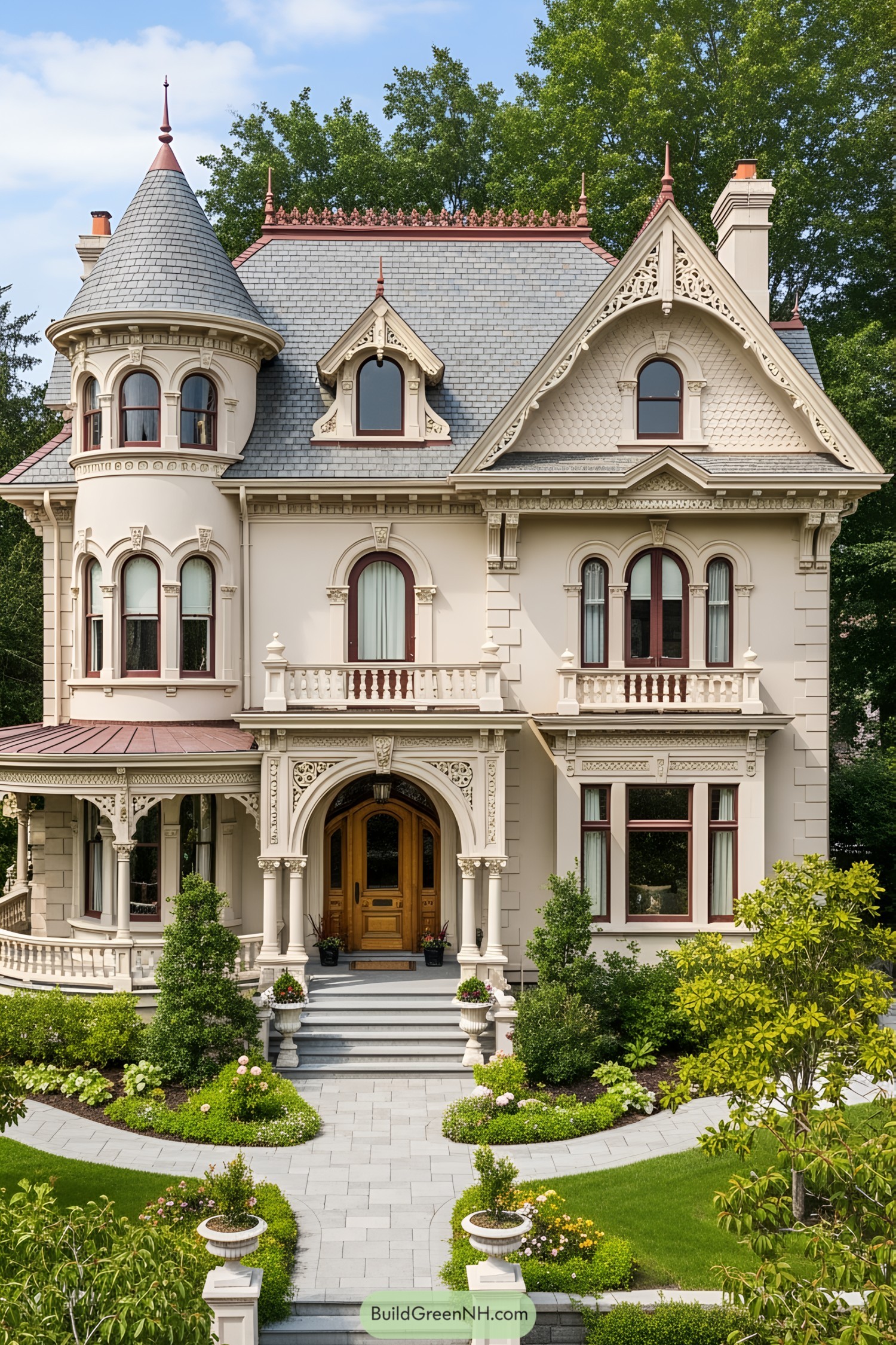 Elegant Victorian house with ornate details and lush garden