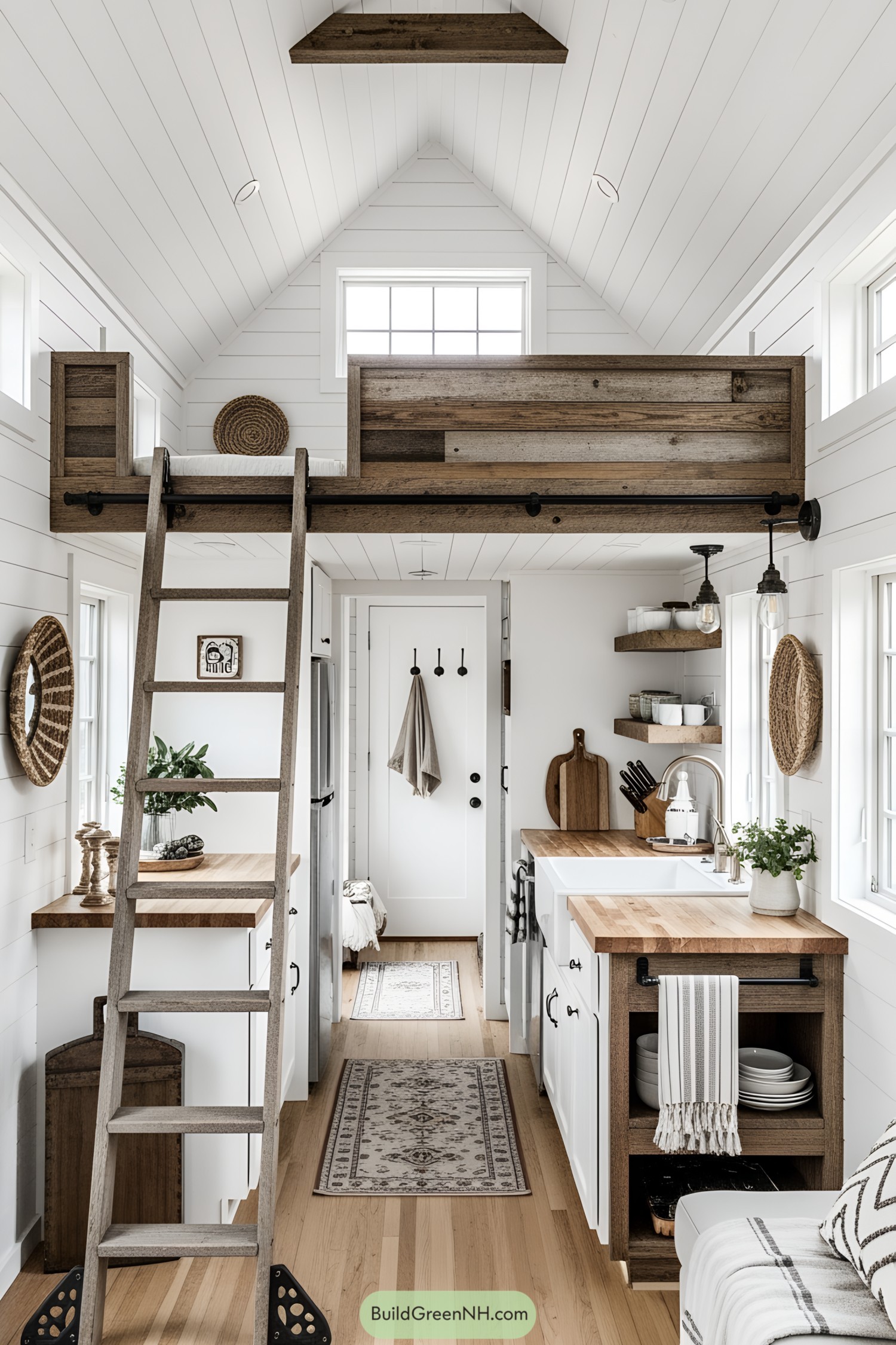 Cozy interior of a lofted tiny house with a rustic vibe