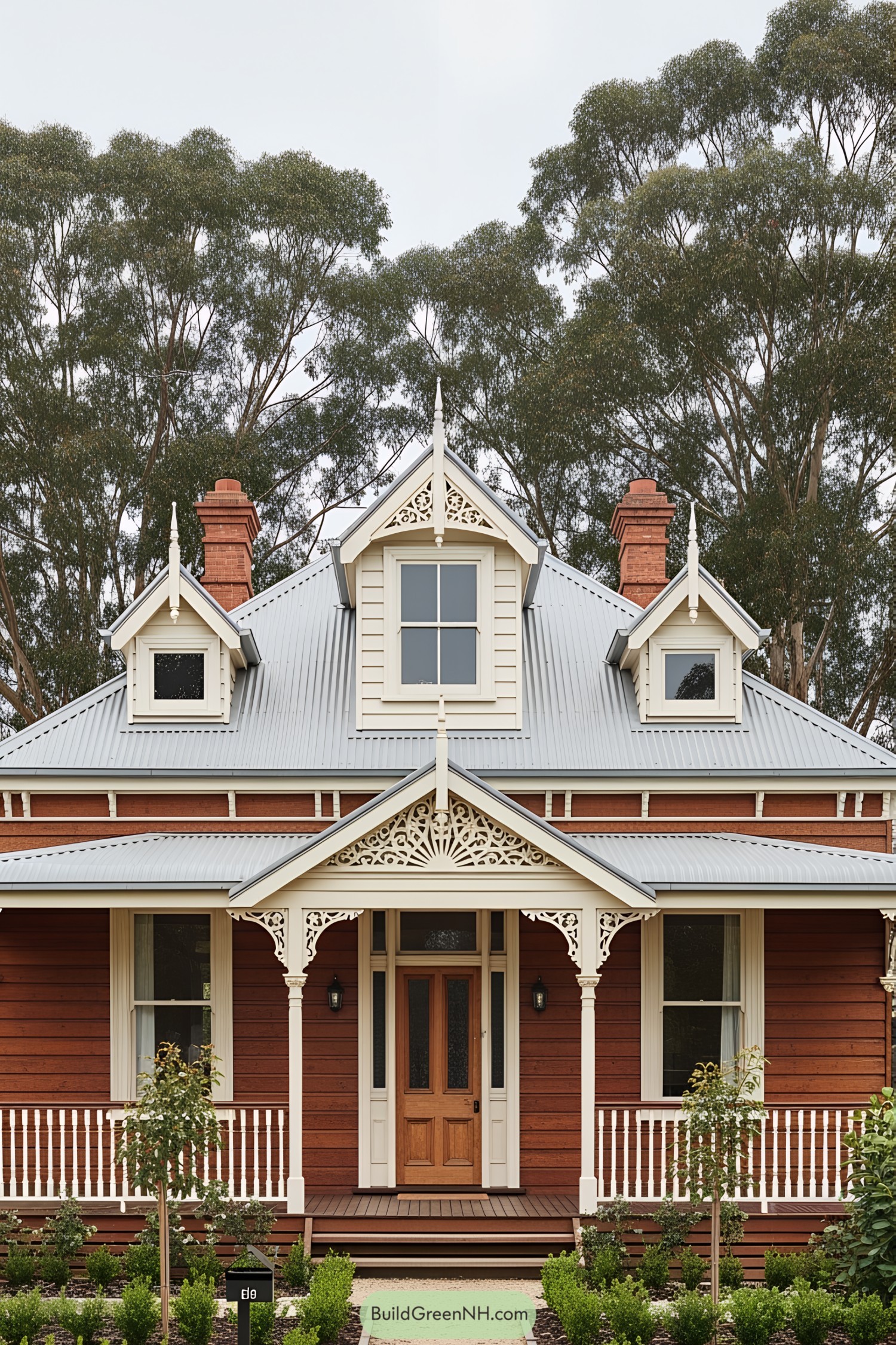 Small Victorian house with decorative trims and red facade