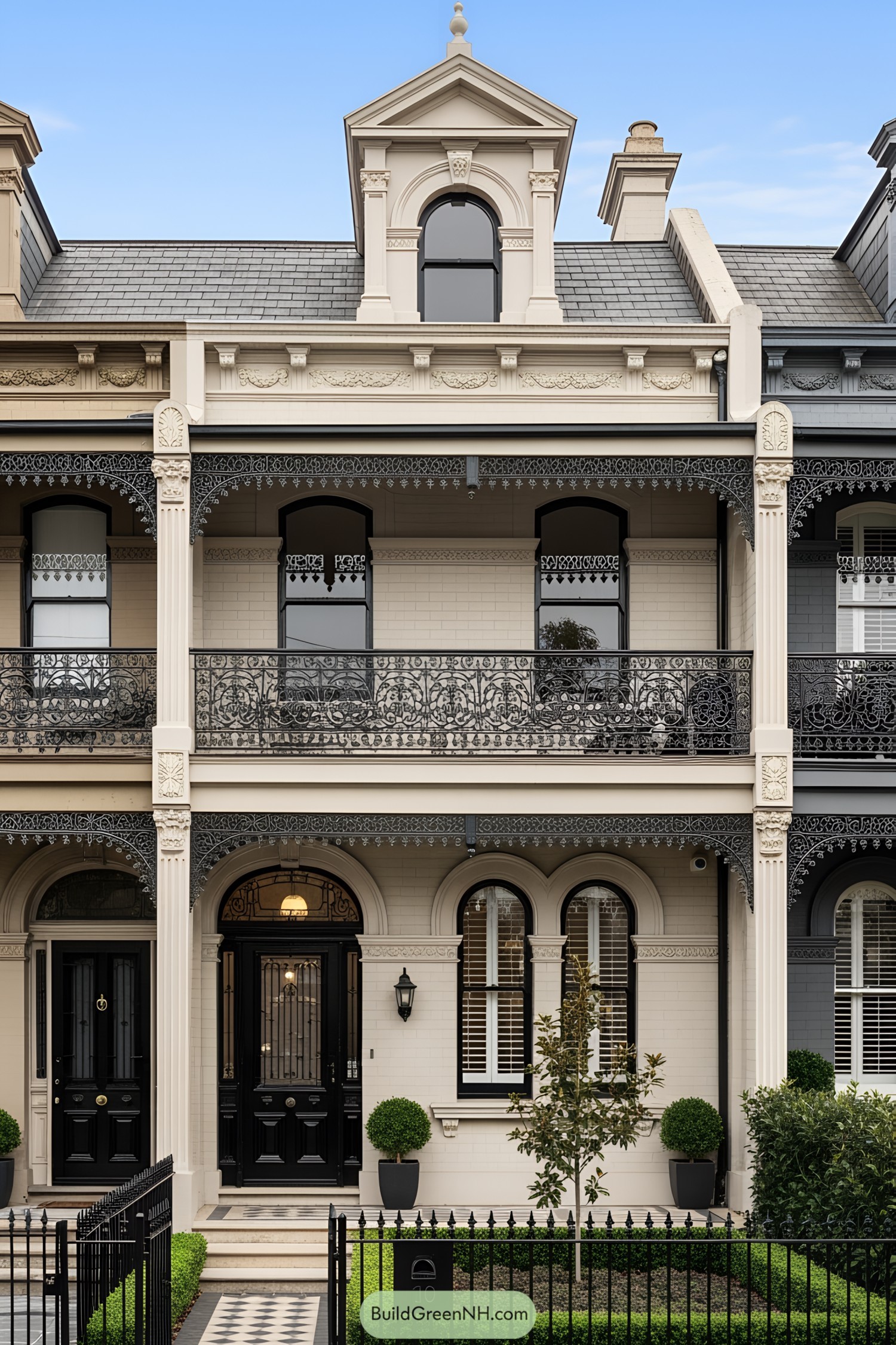 Ornate Victorian terrace facade with detailed ironwork