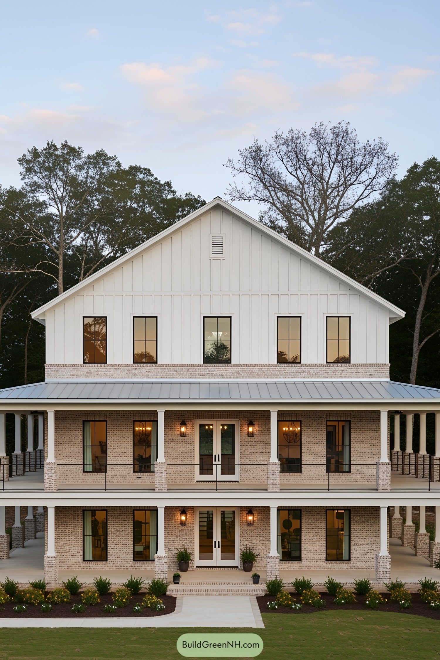 Two-story barndominium with wraparound porch