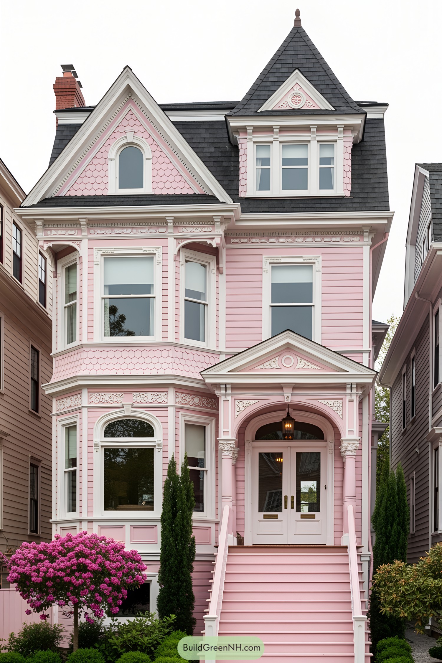 Elegant pink Victorian house with ornate details and bay windows