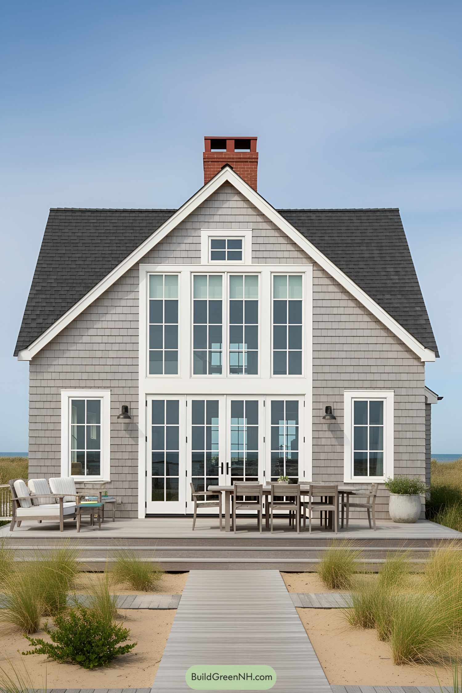 Grey shingled beach house with large windows and a boardwalk