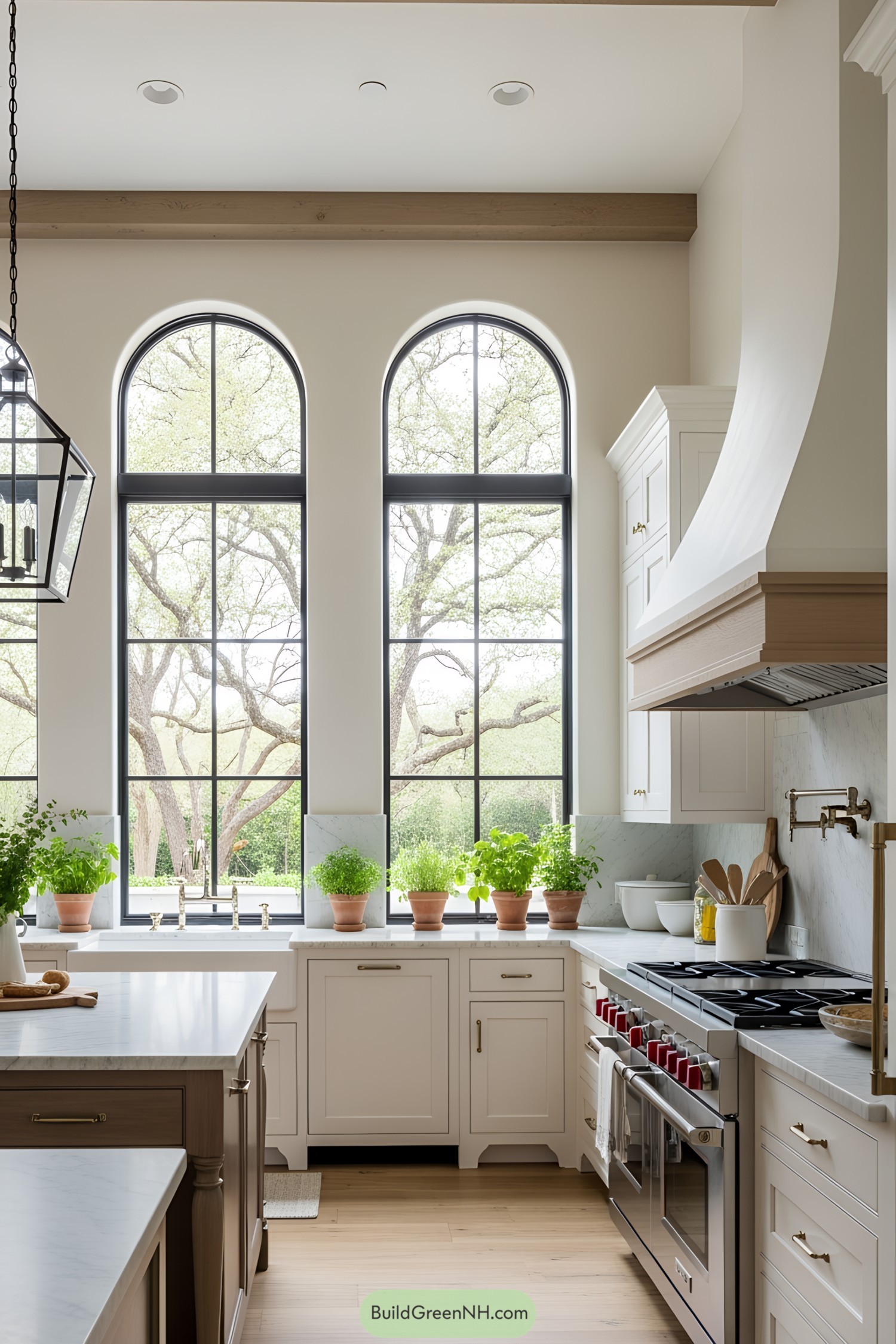 Bright and welcoming kitchen with potted herbs and large arched windows