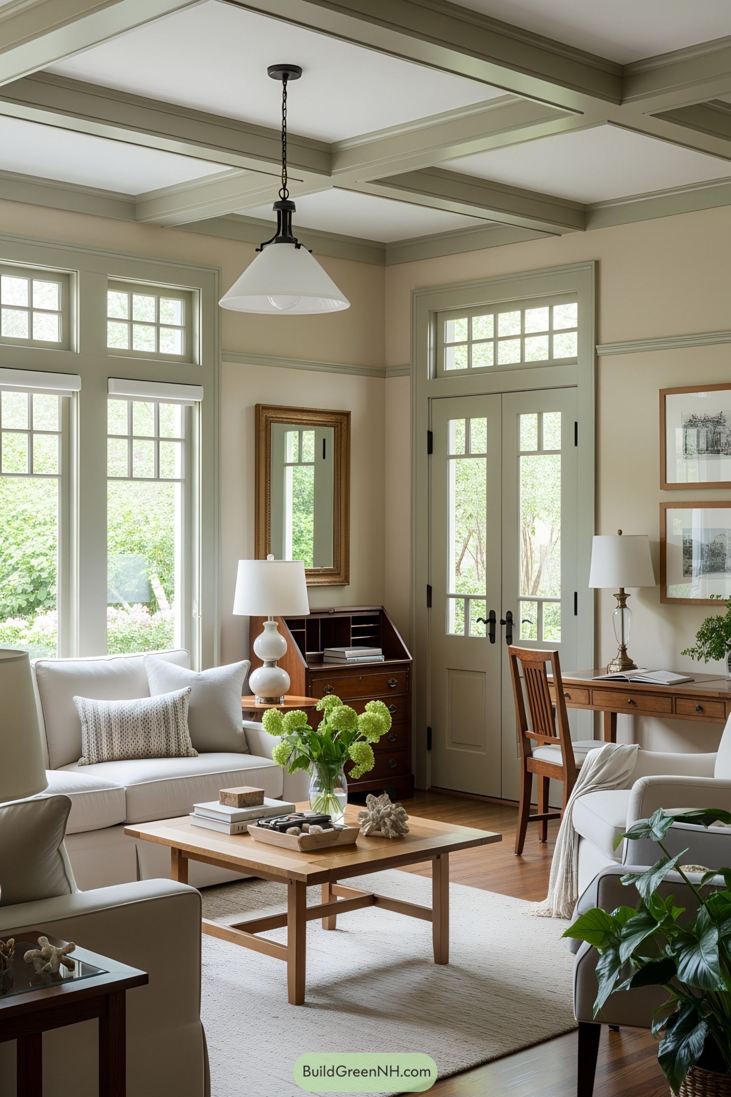 Bright and airy room with wooden accents and large windows