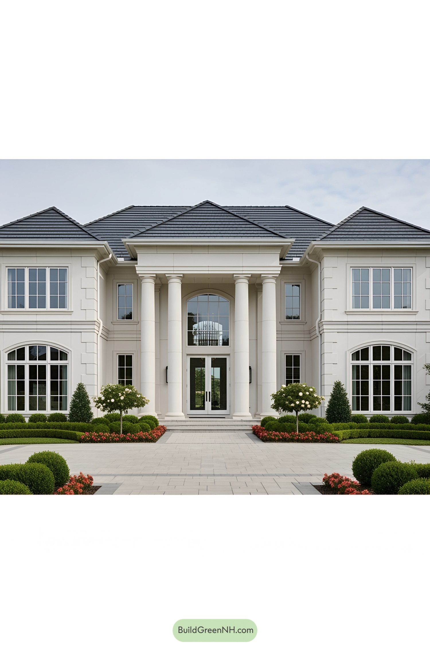 Luxurious mansion with grand columns and elaborate landscaping