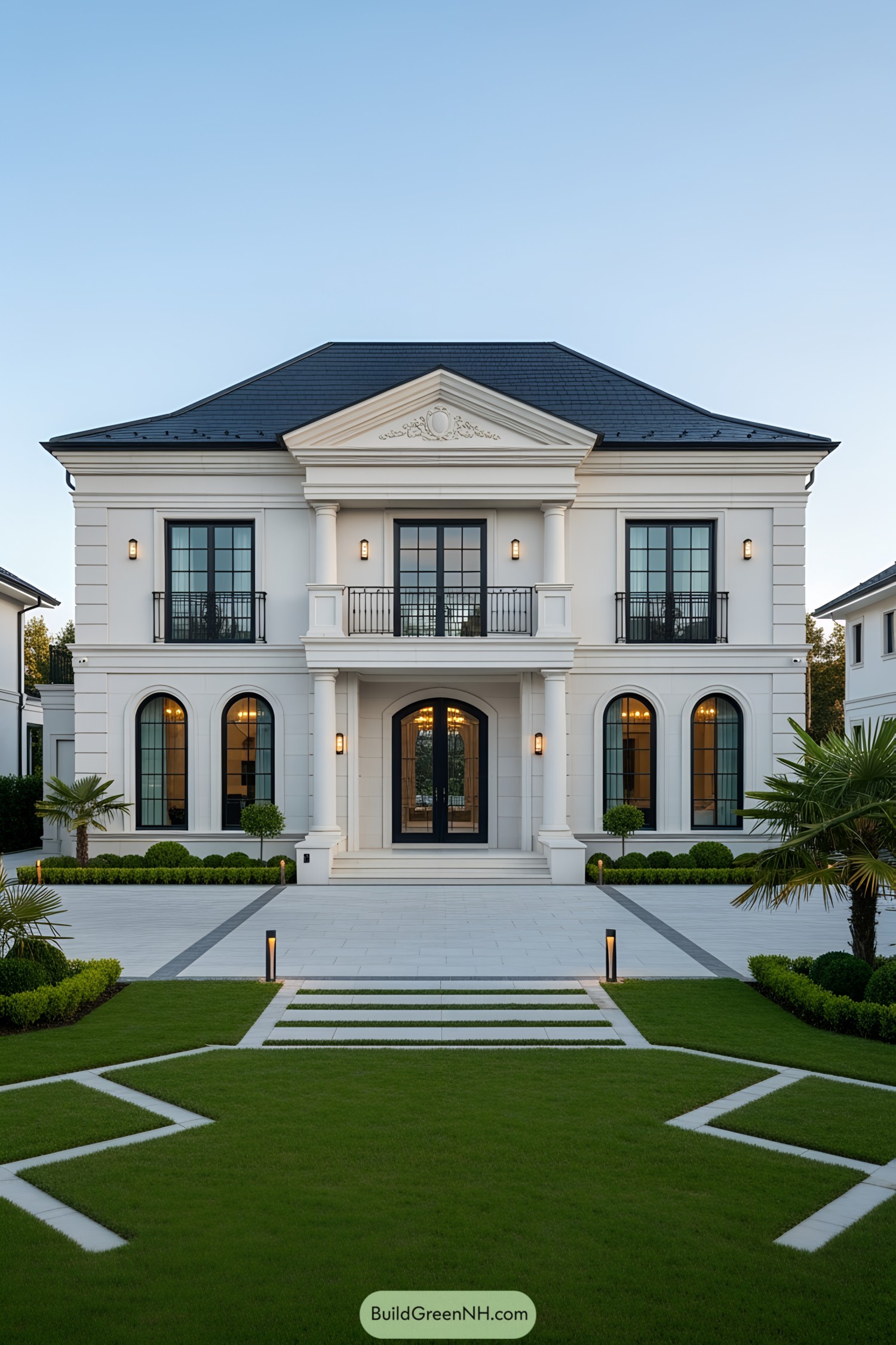 Two-story luxury villa with a grand entrance